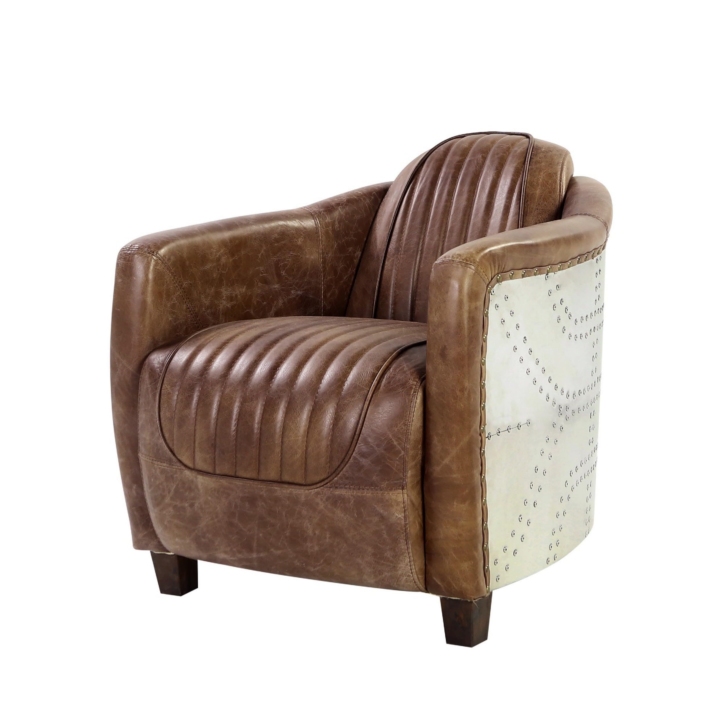 Faux Leather Upholstered Chair Wooden with Aluminium Patchwork, Brown and Silver