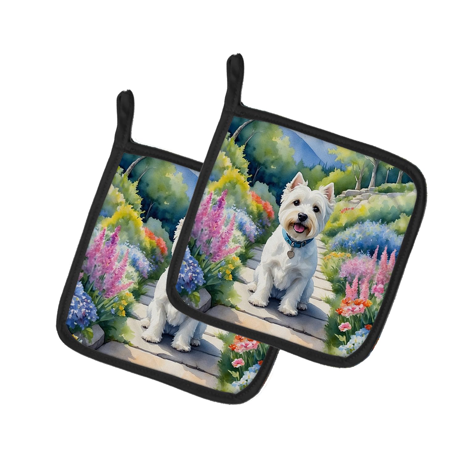 Westie Spring Path Pair of Pot Holders
