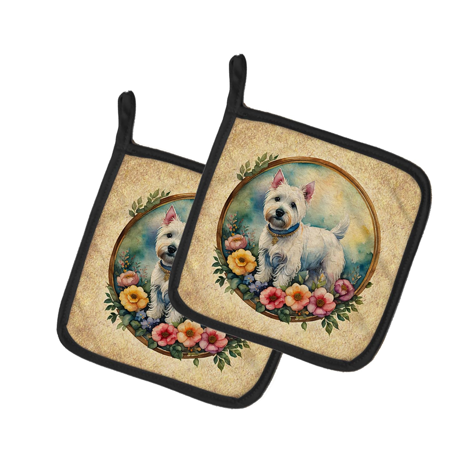 Westie and Flowers Pair of Pot Holders