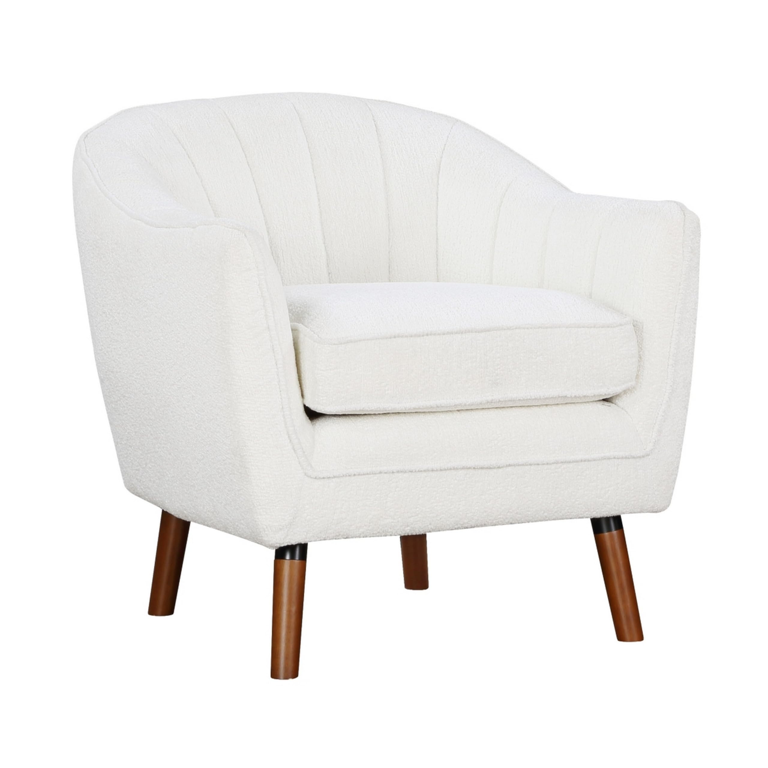 Tia 31 Inch Plush Accent Chair Armchair, White Polyester, Brown Solid Wood