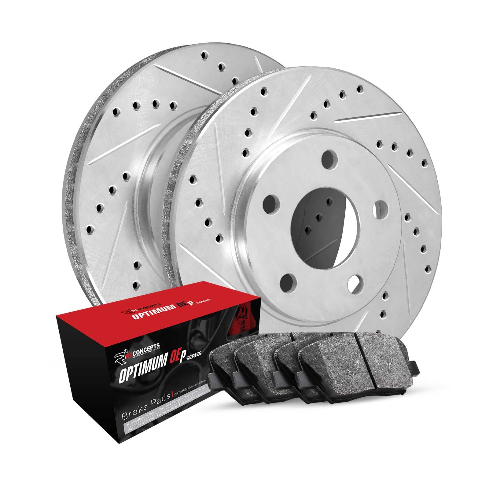 R1 Concepts Drilled and Slotted Silver Disc Brake Rotor Set with Optimum Oe Pads WGUN1-74060