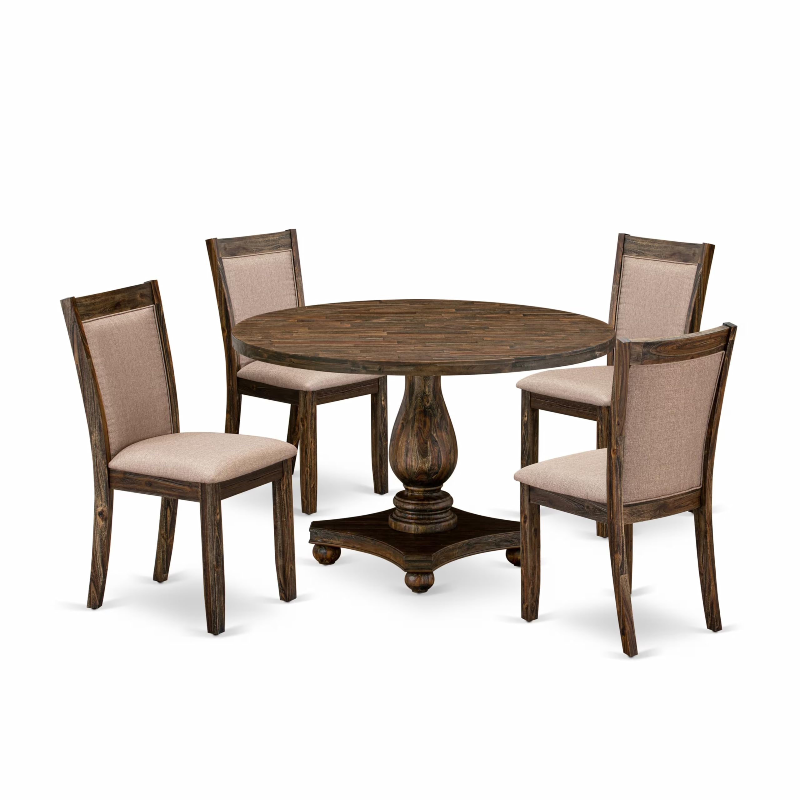 East West Furniture 5 Piece Dining Room Table Set Contains a Modern Dining Table and 4 Dark Khaki Linen Fabric Mid Century Dining Chairs with High Back - Distressed Jacobean Finish