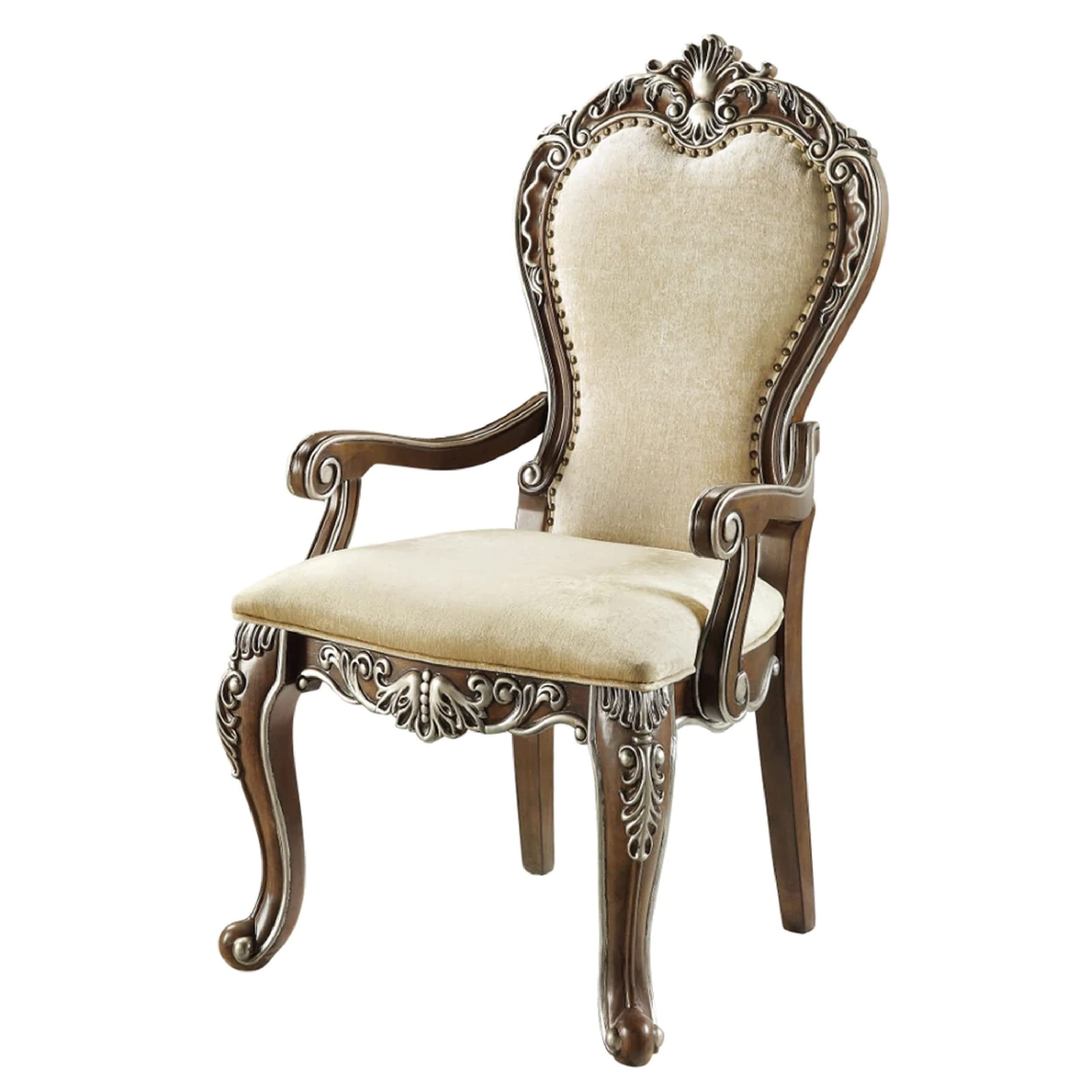 24 Inch Classic Upholstered Armchair, Scrolled Details, Nailhead, Brown