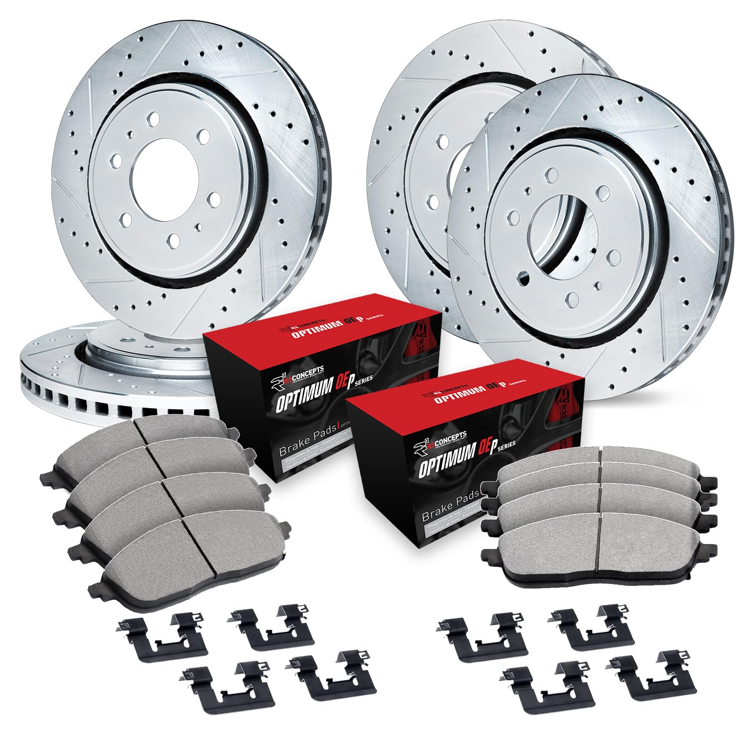 R1 Concepts Drilled and Slotted Silver Disc Brake Rotor Set with Optimum Oe Pads and Hardware WGUH2-48041