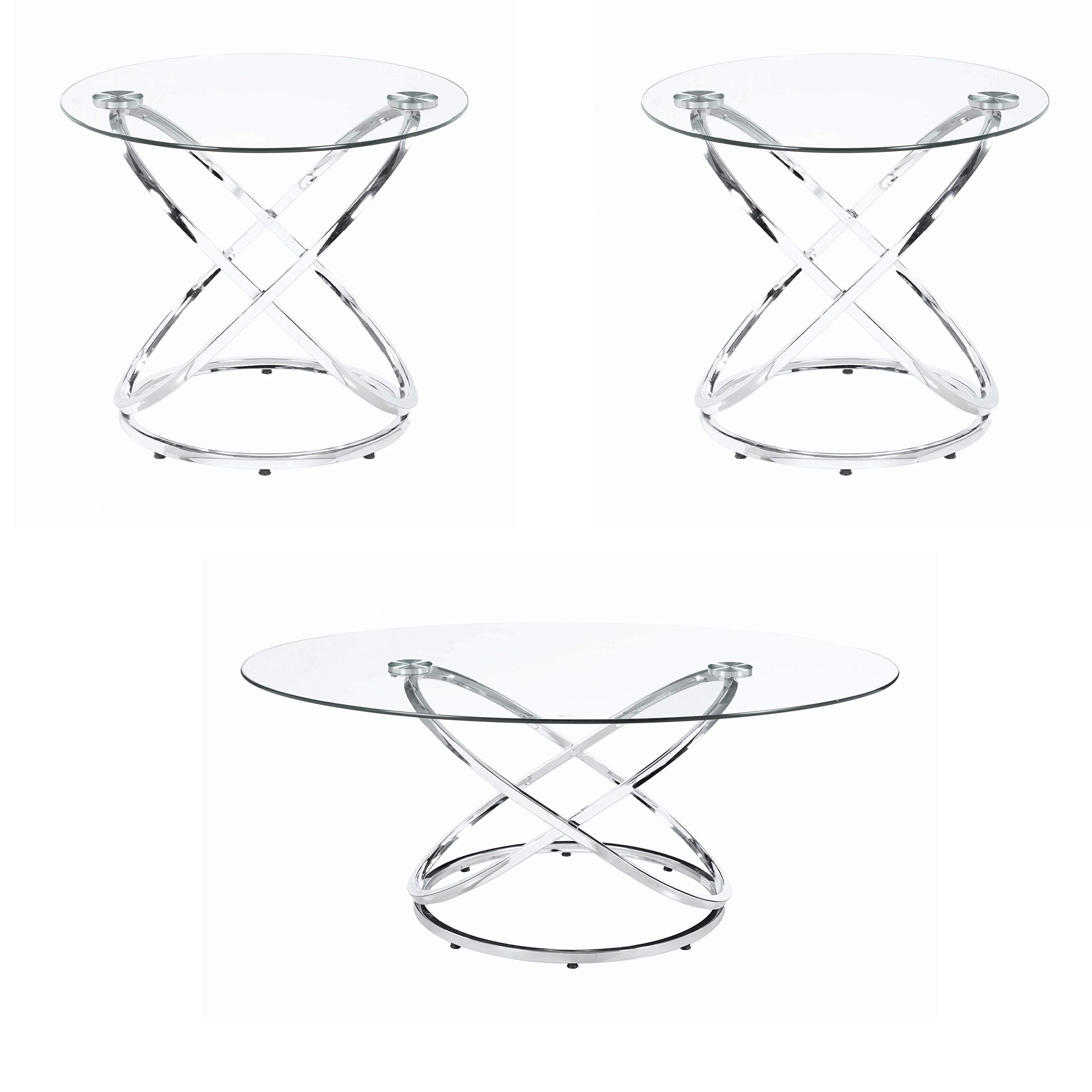 Benjara 3 Piece Metal Frame Coffee Table Set With Glass Top, Set Of 3, Silver