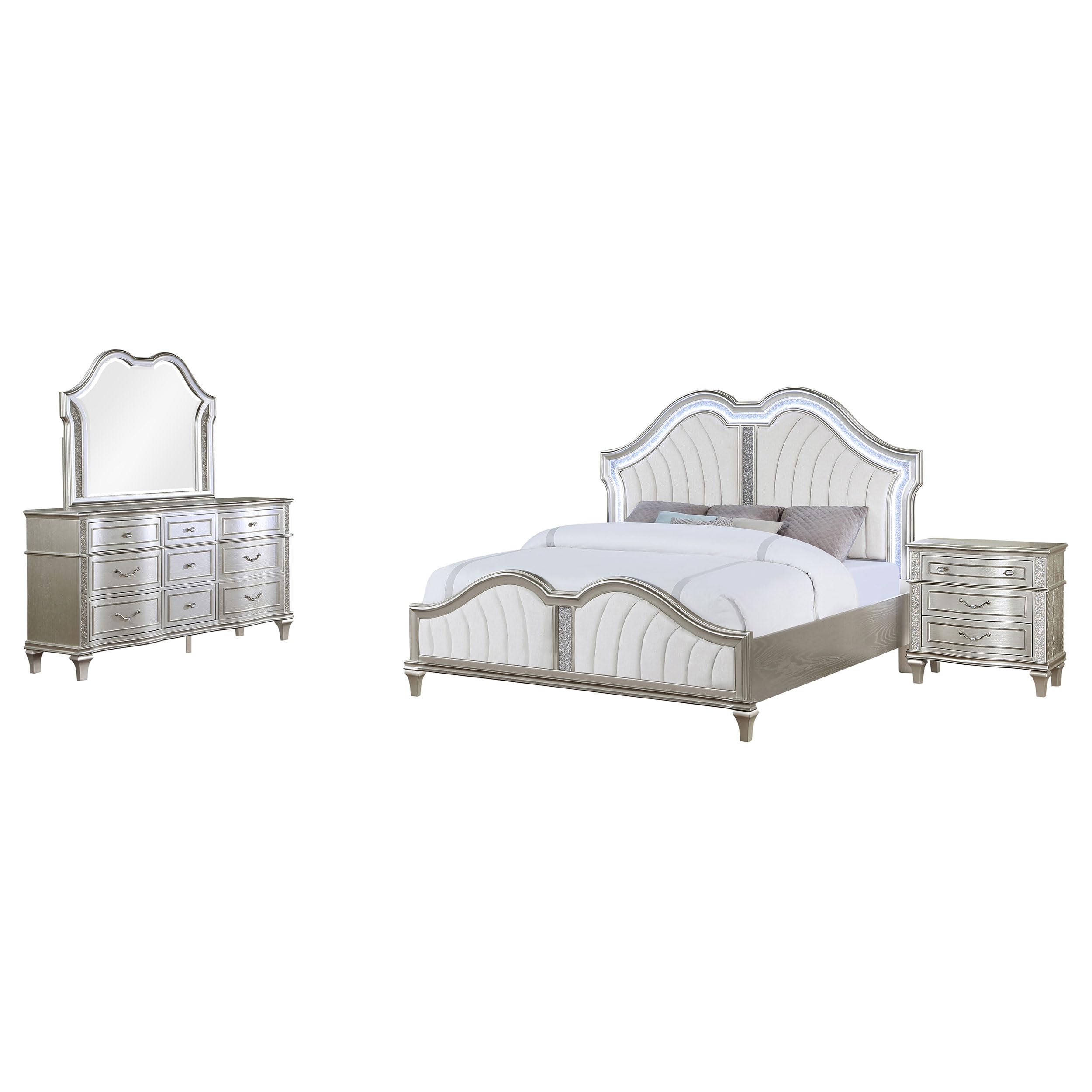 Nive 4pc Queen Bedroom Set, Ivory Channel Tufted Bed with Silver Oak