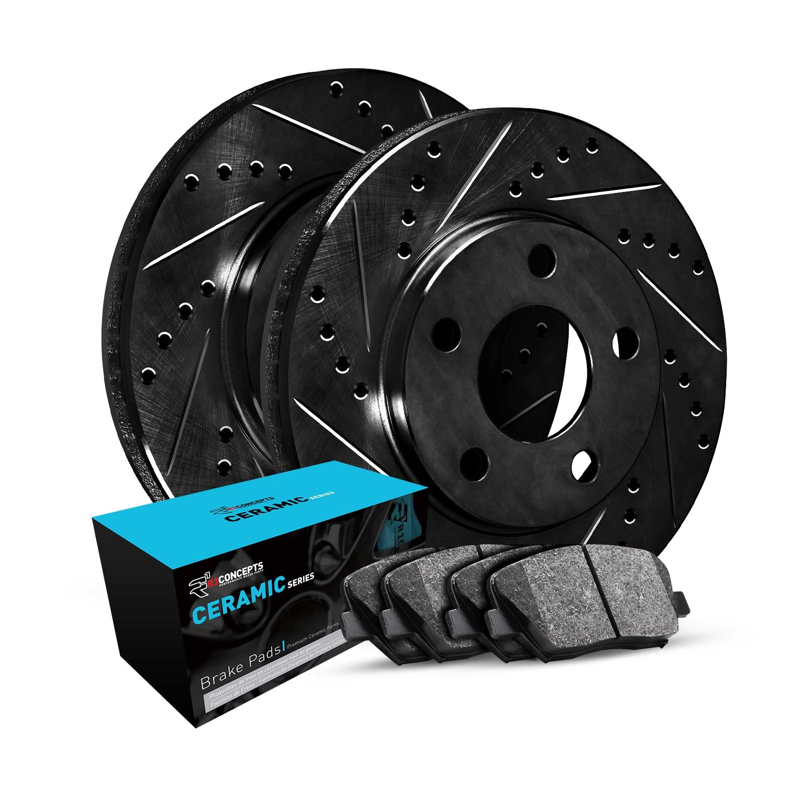 R1 Concepts Drilled and Slotted Black Disc Brake Rotor Set with Ceramic Pads WHWN1-74025