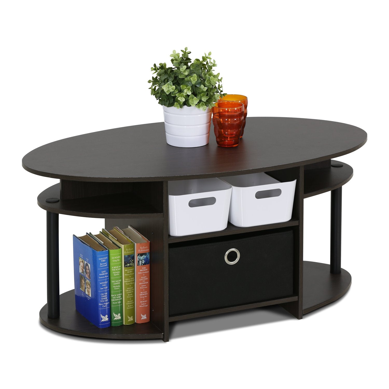 Furinno JAYA Simple Design Oval Coffee Table with Bin, Walnut, 15079WNBK