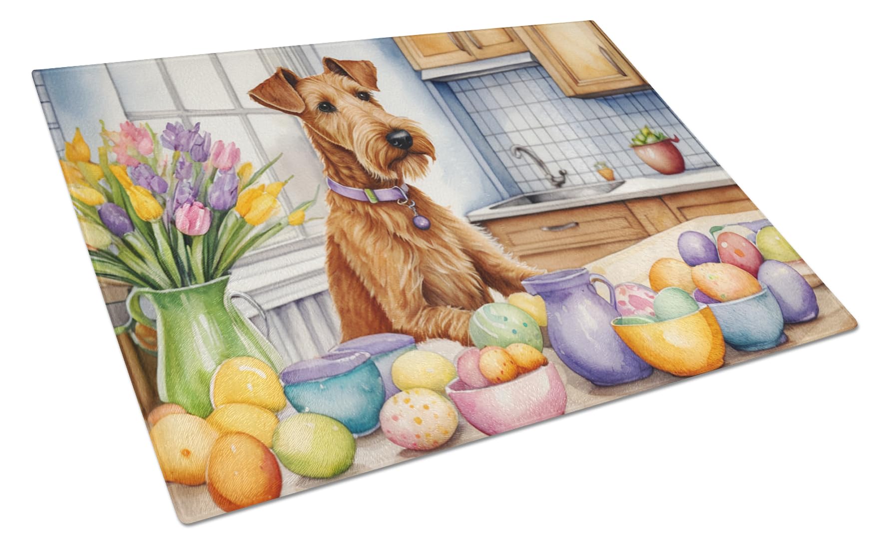 Carolines Treasures DAC6834LCB Decorating Easter Irish Terrier Glass Cutting Board Decorative Tempered Glass Kitchen Cutting and Serving Board Large Size Chopping Board