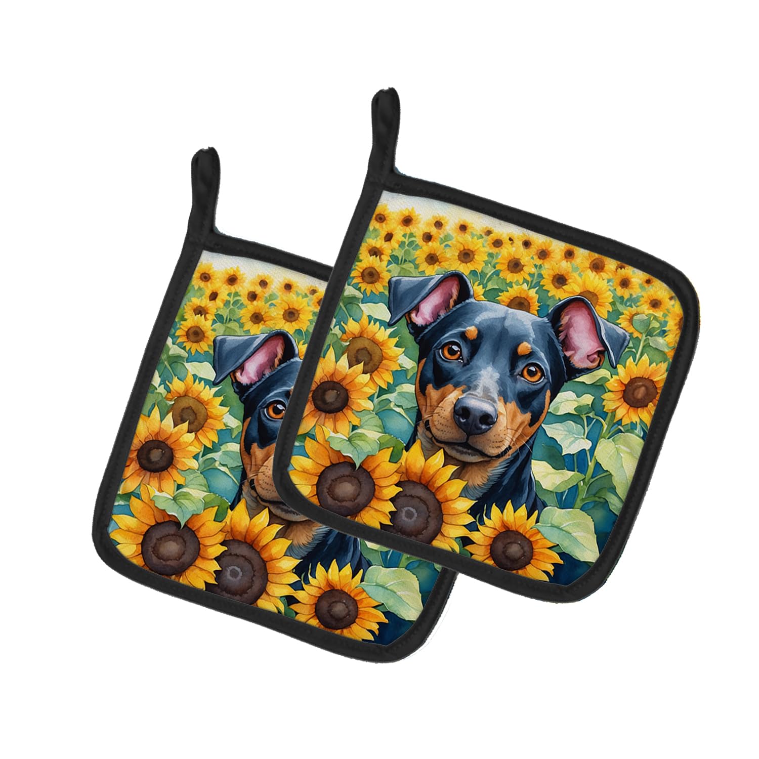 Manchester Terrier in Sunflowers Pair of Pot Holders