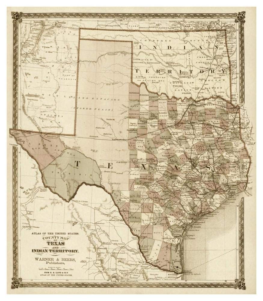 County Map of Texas, and Indian Territory, 1874 - Decorative Sepia-Paper Art-40x46”