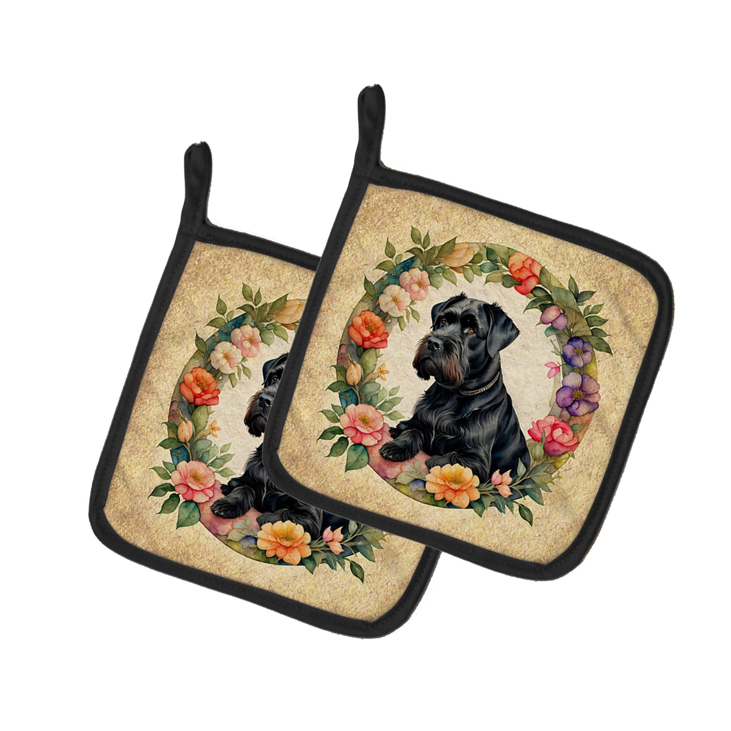Giant Schnauzer and Flowers Pair of Pot Holders