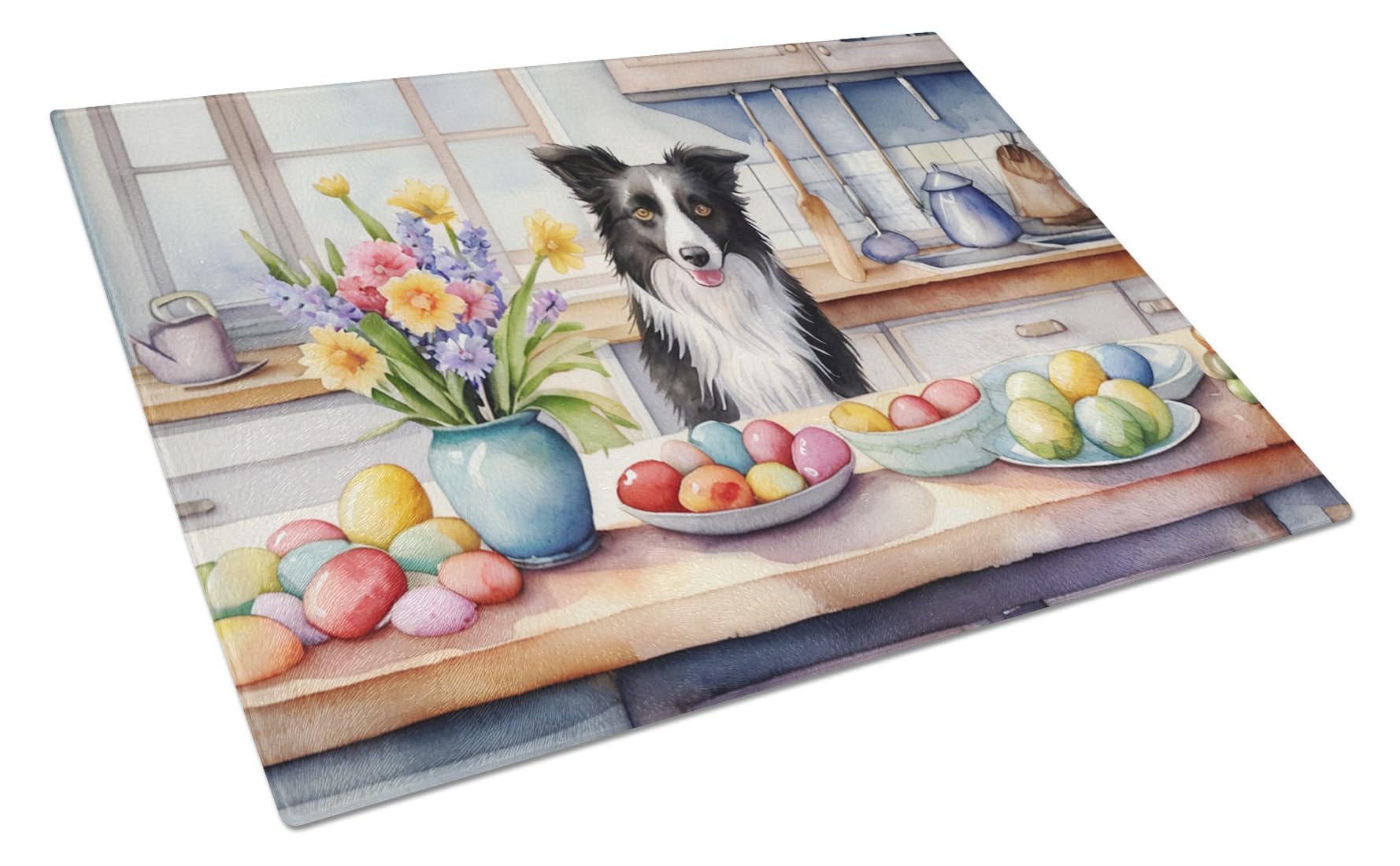 Carolines Treasures DAC6767LCB Decorating Easter Border Collie Glass Cutting Board Decorative Tempered Glass Kitchen Cutting and Serving Board Large Size Chopping Board