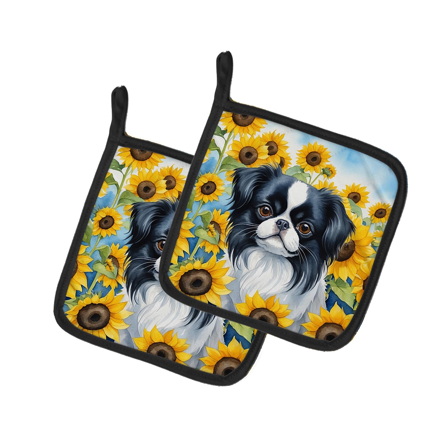Japanese Chin in Sunflowers Pair of Pot Holders