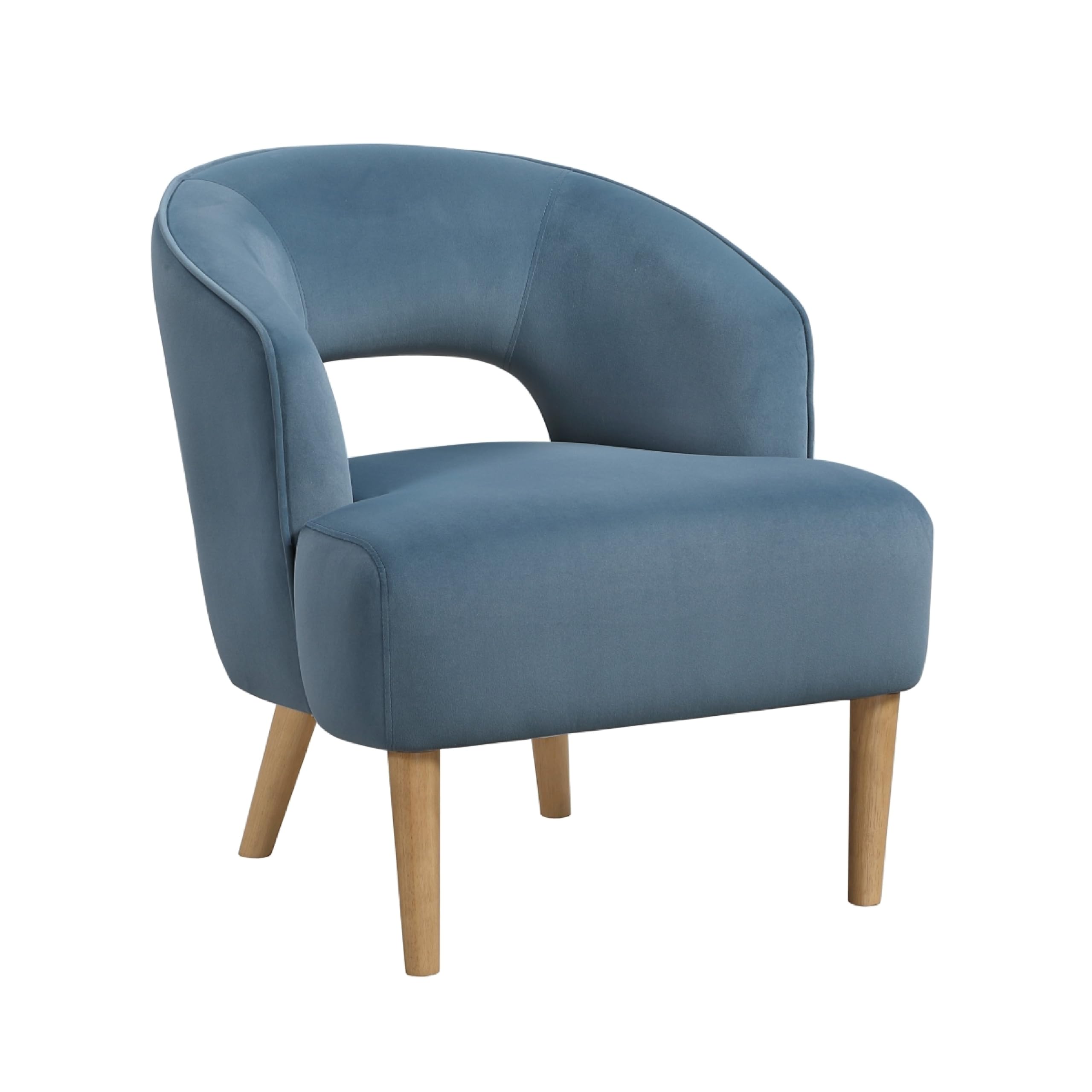 Dora Accent Chair, Open Barrel Back, Blue Velvet, Light Brown Legs