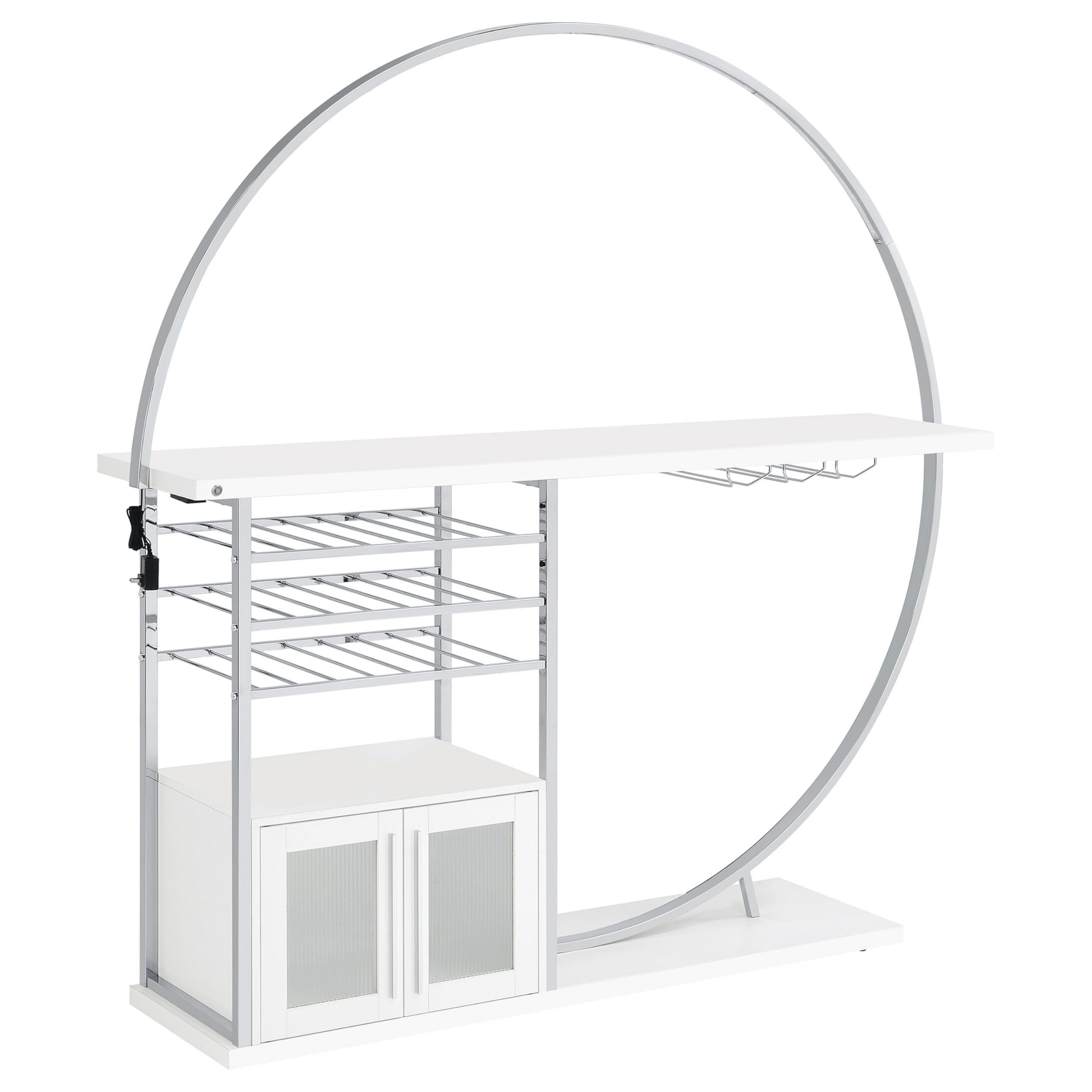Riya Home Bar Table, LED Light, Cabinets, Wine Storage, White, Chrome Metal