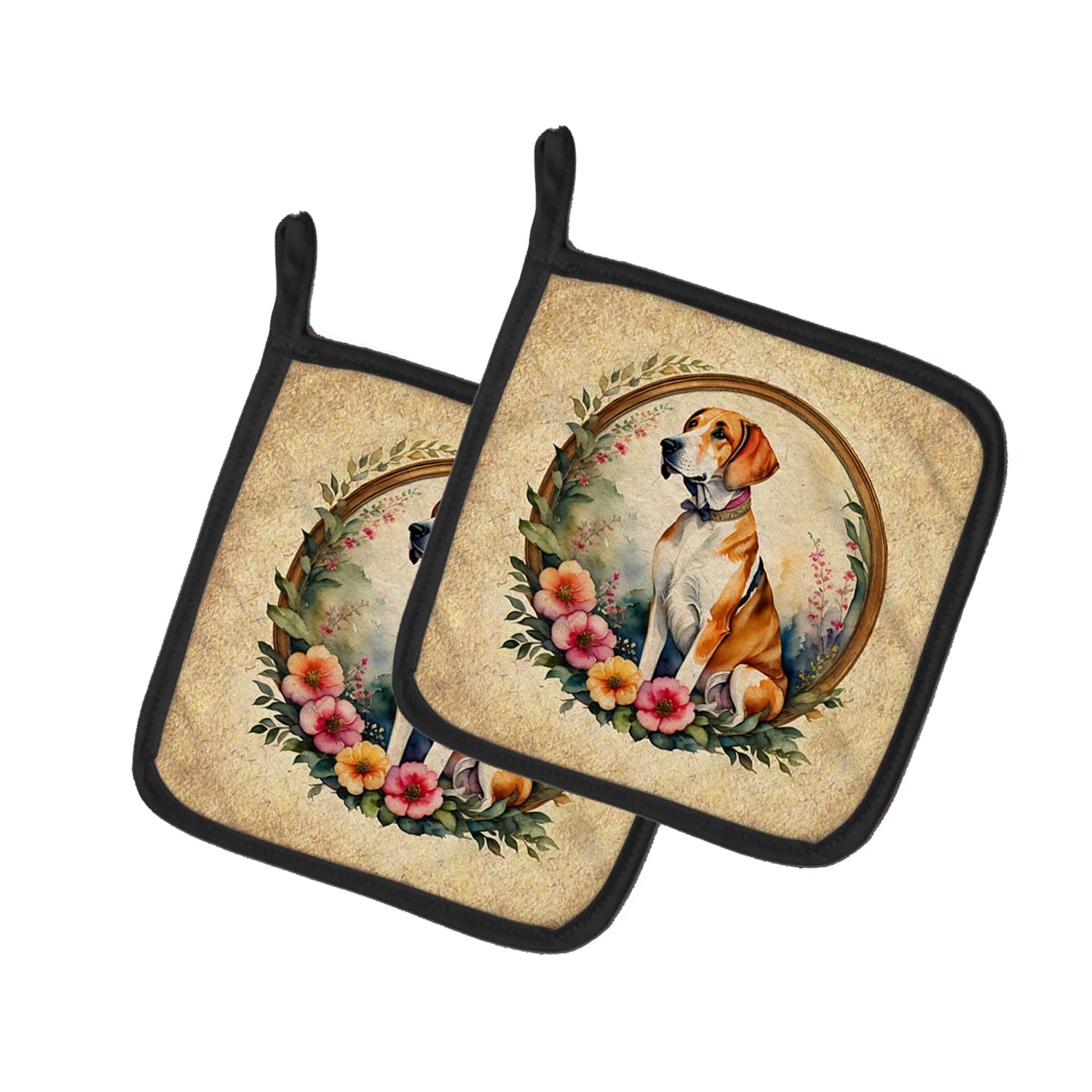 English Foxhound and Flowers Pair of Pot Holders
