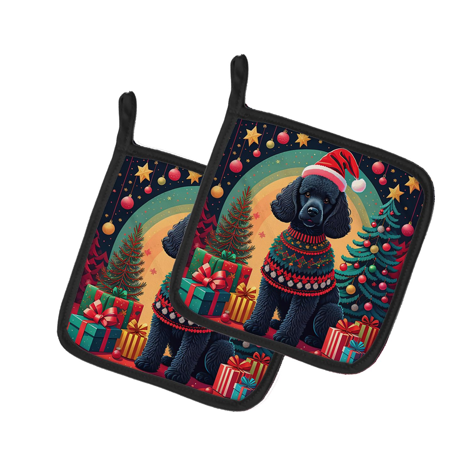 Black  Poodle Christmas Pair of Pot Holders