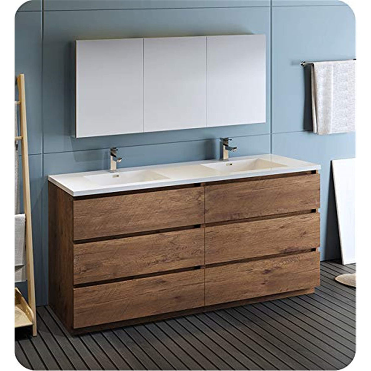 Fresca Lazzaro 72 Rosewood Free Standing Double Sink Modern Bathroom Vanity W/Medicine Cabinet - Faucet Sold Separately