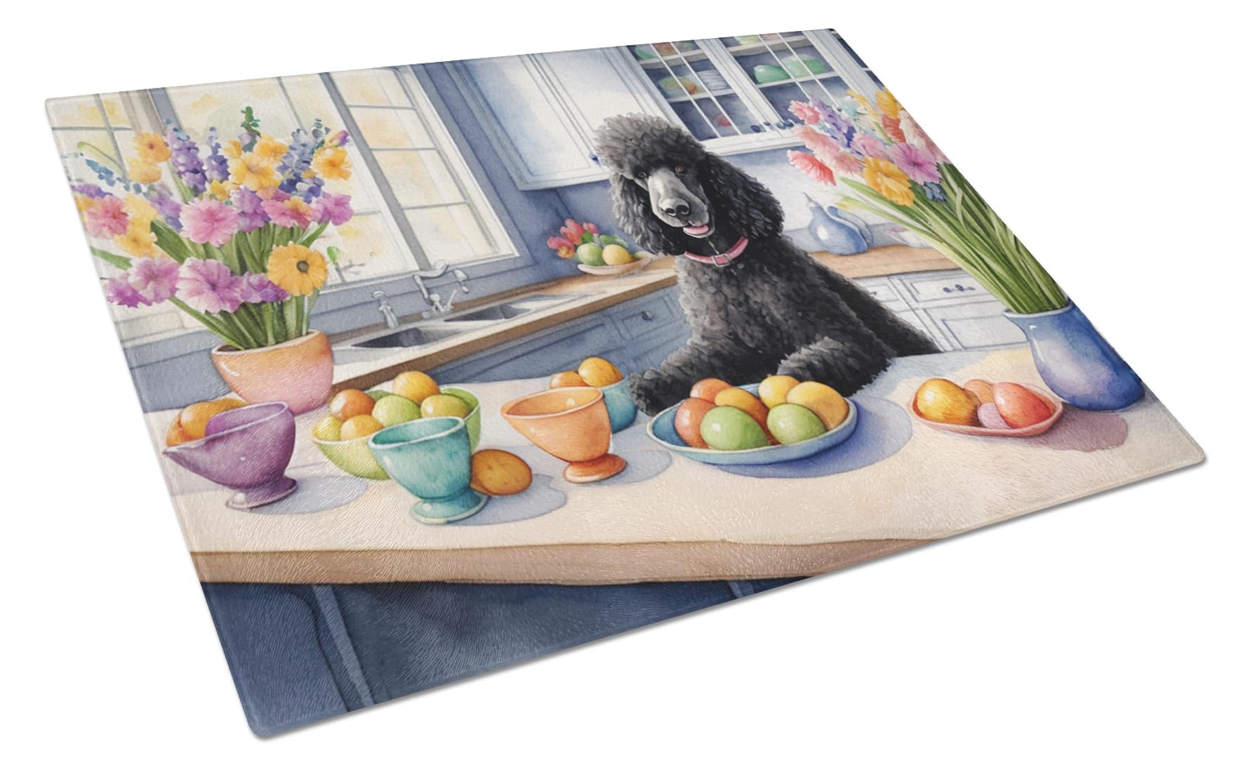 Carolines Treasures DAC6874LCB Decorating Easter Black Poodle Glass Cutting Board Decorative Tempered Glass Kitchen Cutting and Serving Board Large Size Chopping Board