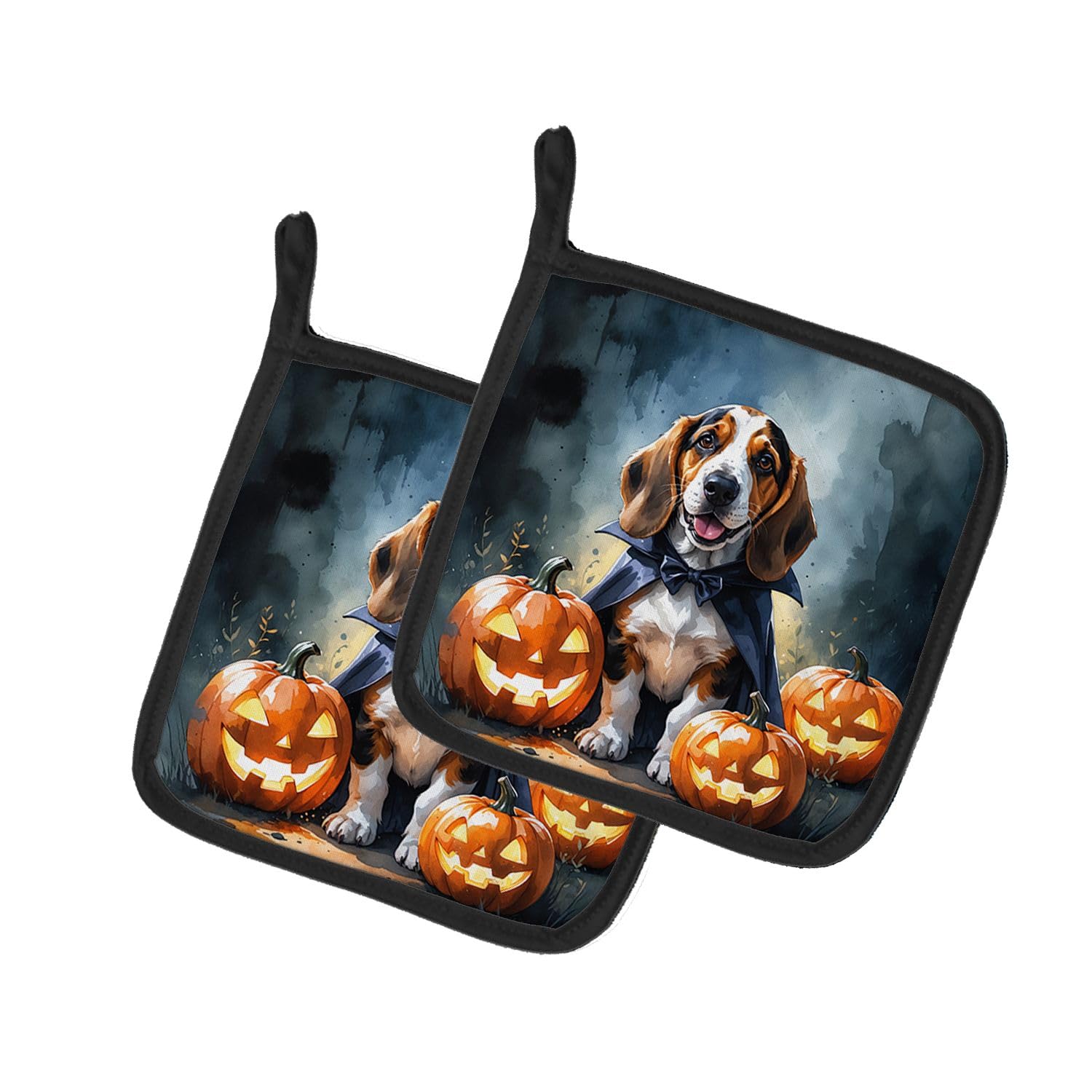 Carolines Treasures Basset Hound Puppy Halloween Pair of Pot Holders Kitchen Heat Resistant Pot Holders Sets Oven Hot Pads for Cooking Baking BBQ, 7 1/2 x 7 1/2