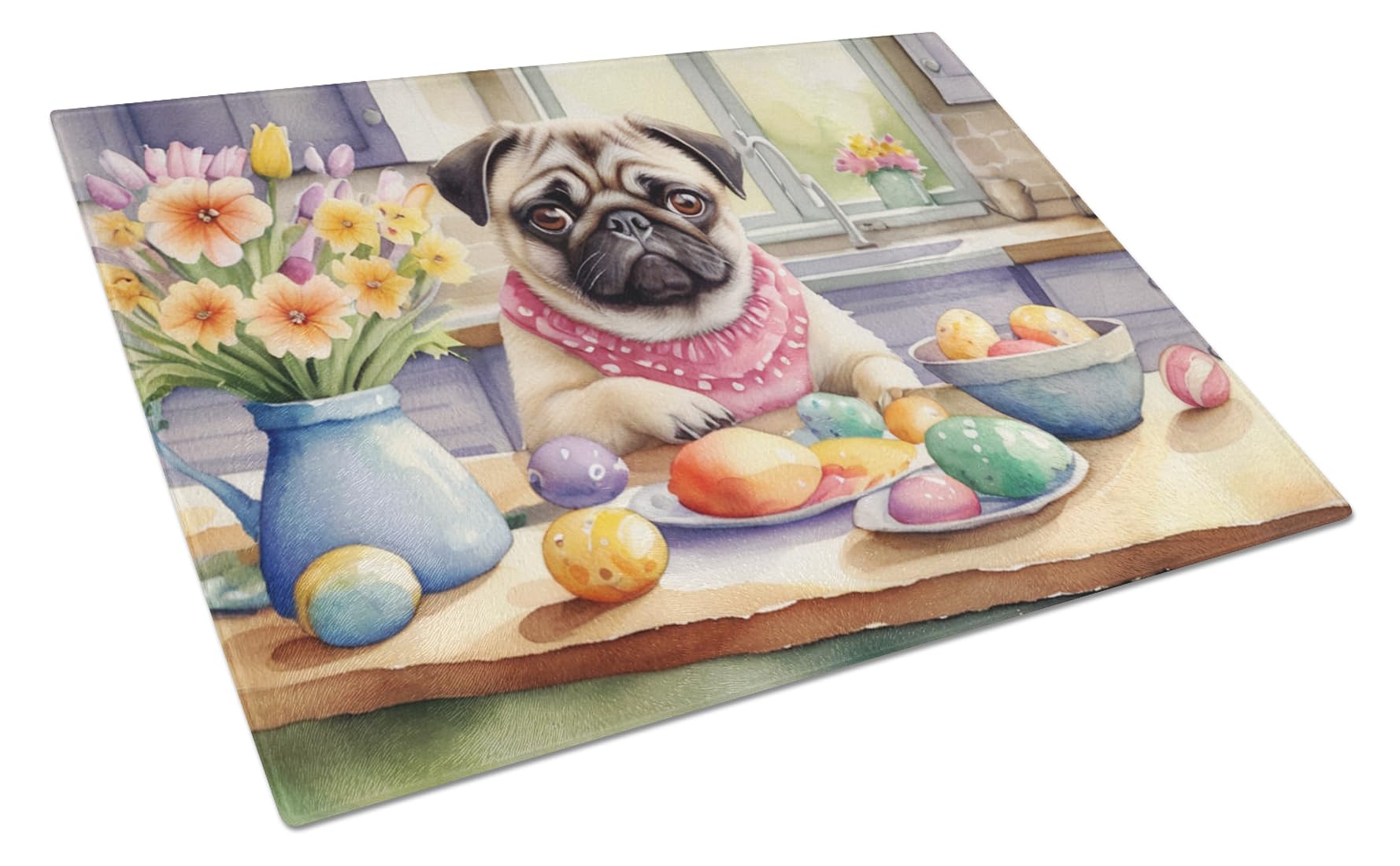Carolines Treasures DAC6882LCB Decorating Easter Pug Glass Cutting Board Decorative Tempered Glass Kitchen Cutting and Serving Board Large Size Chopping Board