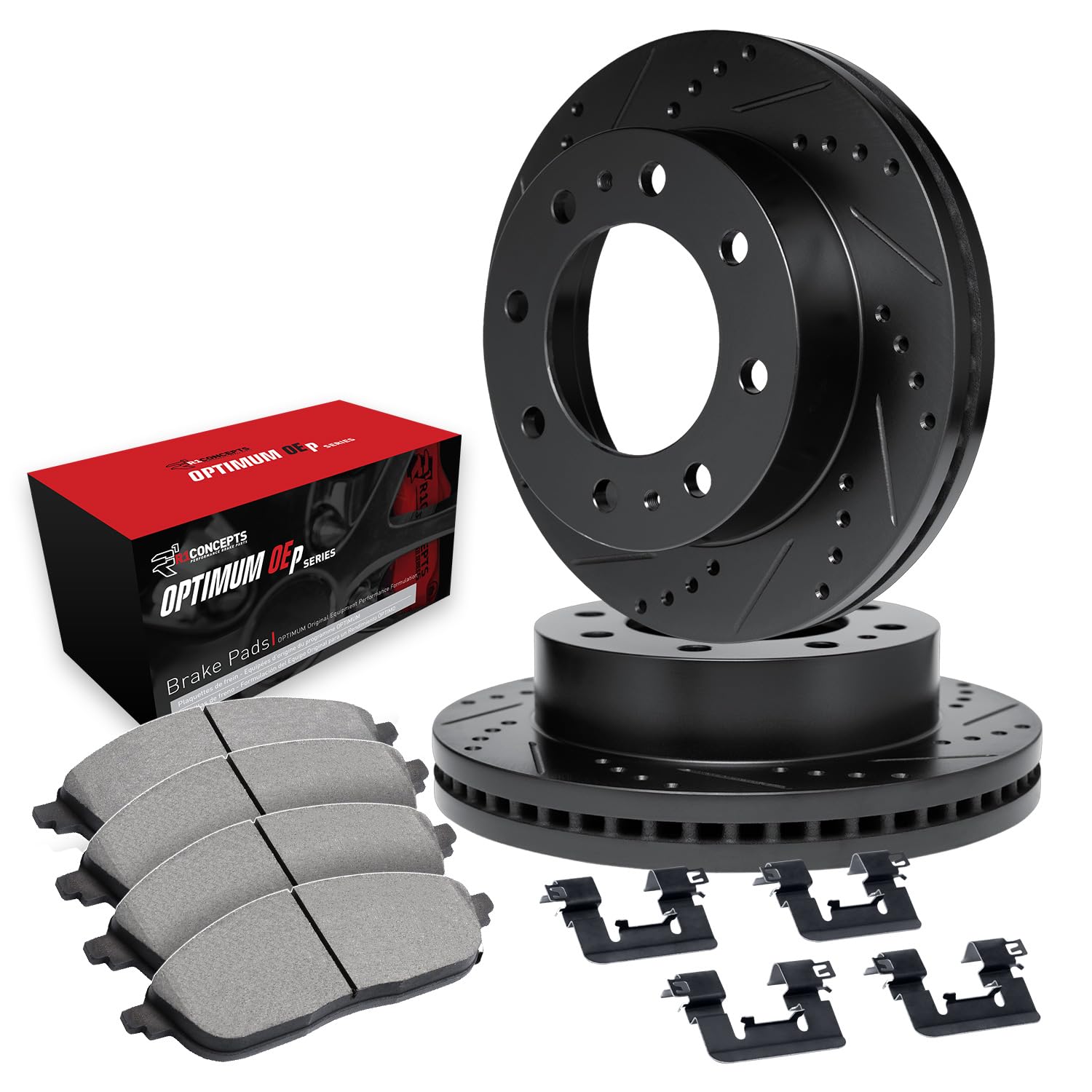 R1 Concepts Drilled and Slotted Black Disc Brake Rotor Set with Optimum Oe Pads and Hardware WHUH1-99260