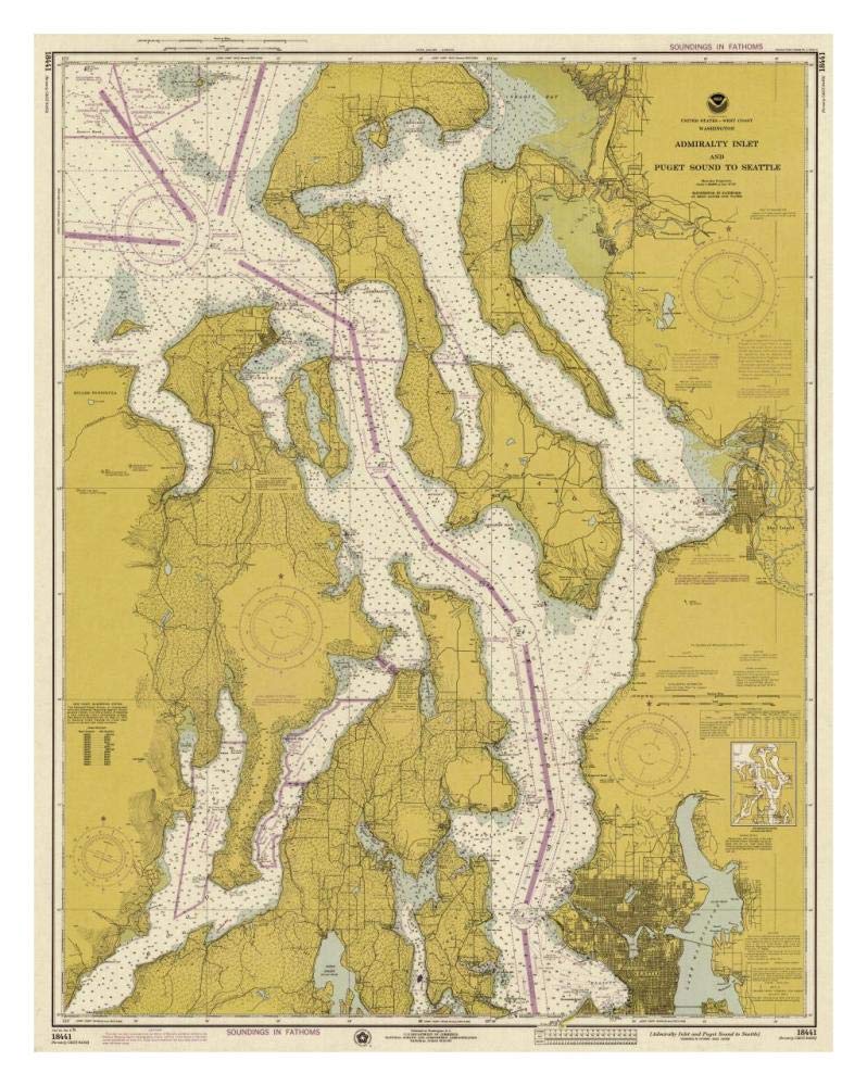 Nautical Chart - Admiralty Inlet and Puget Sound to Seattle ca. 1975 - Sepia Tinted-Paper Art-26x32”