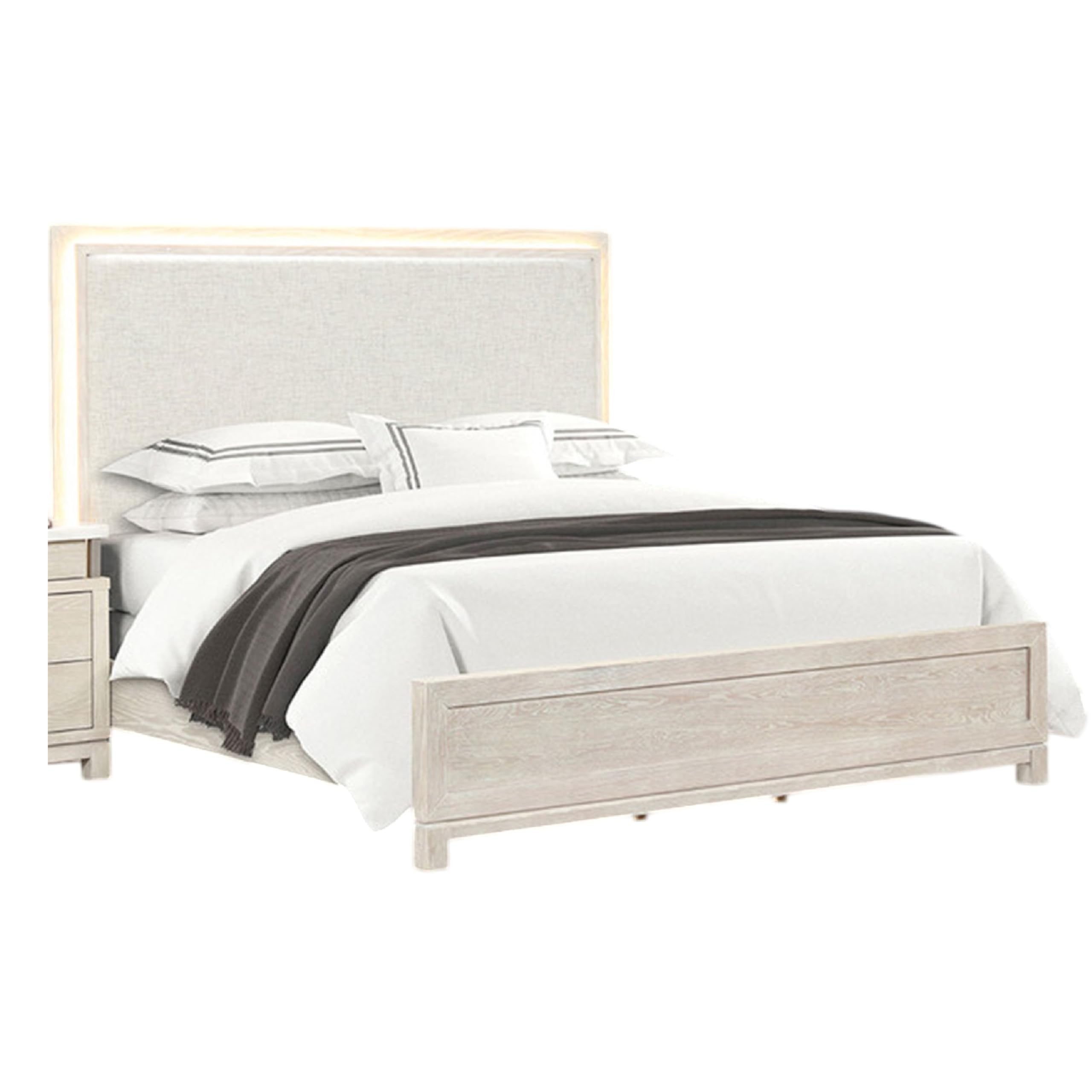 Loji King Bed, Upholstered Headboard with LED, Weathered Gray Wood