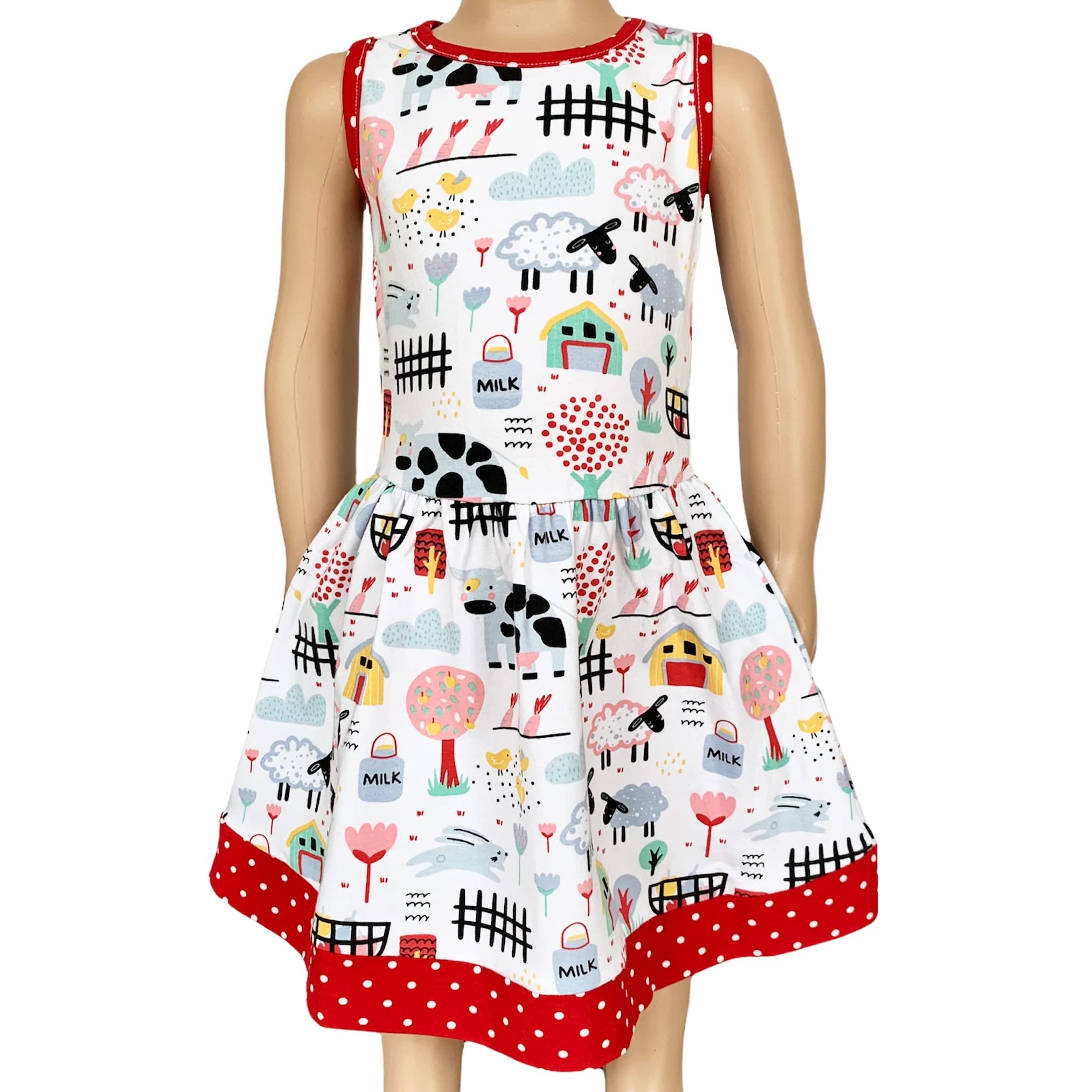 AnnLoren Little & Big Girls Farm Animal Sleeveless Cotton Swing Dress