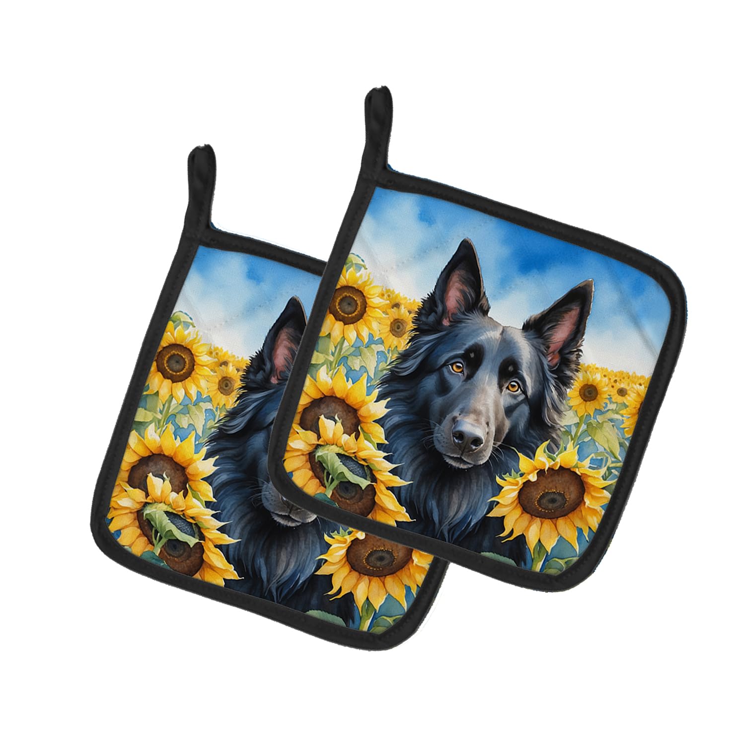 Belgian Sheepdog in Sunflowers Pair of Pot Holders