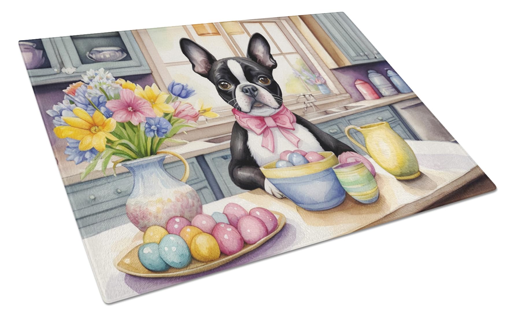 Carolines Treasures DAC6772LCB Decorating Easter Boston Terrier Glass Cutting Board Decorative Tempered Glass Kitchen Cutting and Serving Board Large Size Chopping Board