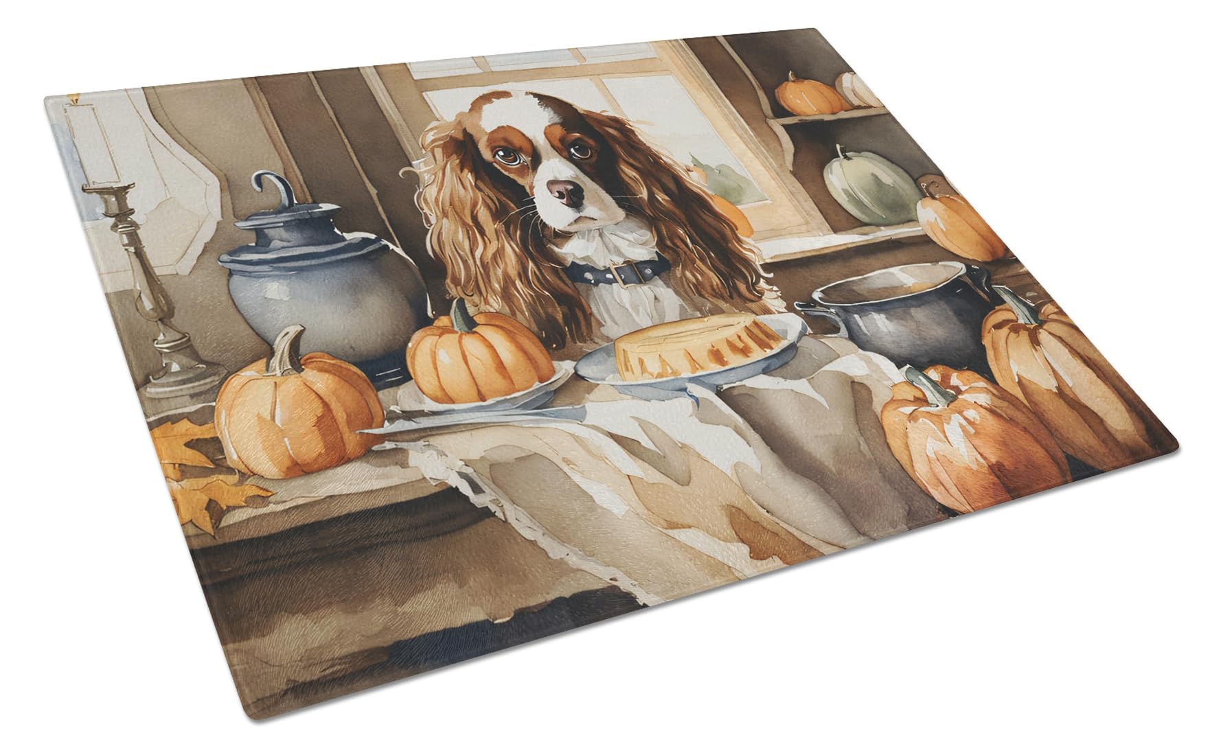 Carolines Treasures DAC1760LCB Cavalier Spaniel Fall Kitchen Pumpkins Glass Cutting Board Large Decorative Tempered Glass Kitchen Cutting and Serving Board Large Size Chopping Board