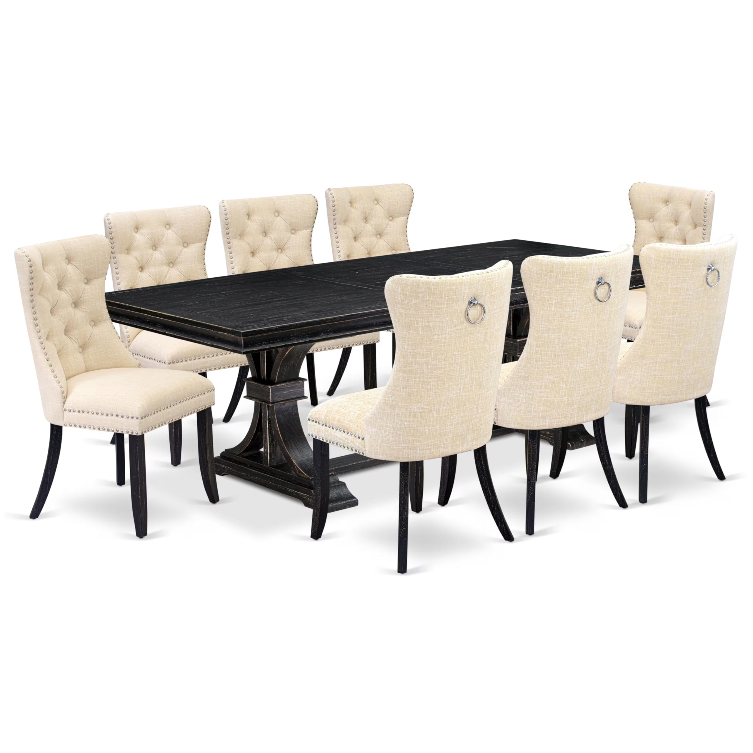 9 piece modern dining set of a rectangular table and 8 padded chairs