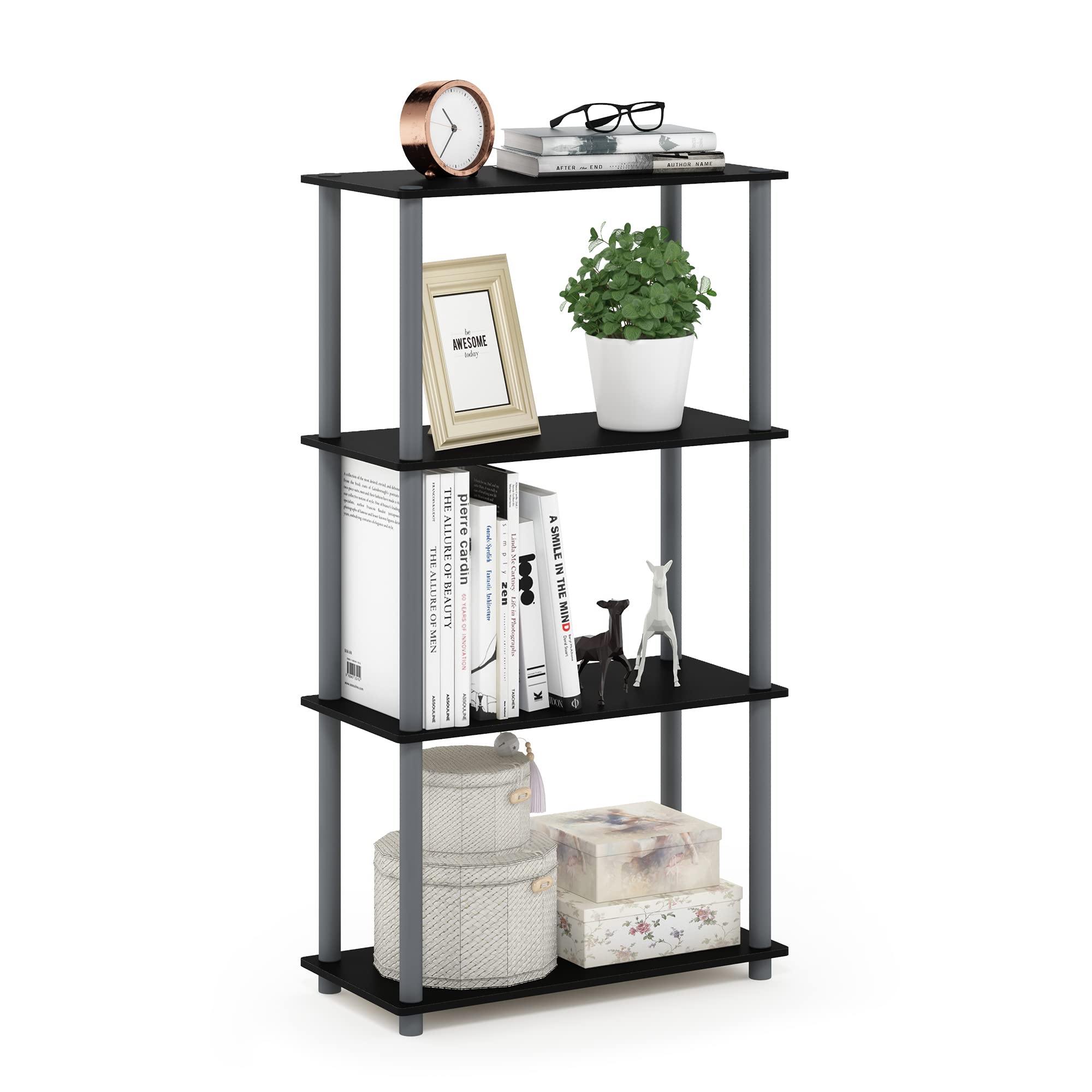 Furinno 99557BK/GY Turn-N-Tube 4-Tier Multipurpose Shelf Display Rack, Black/Grey