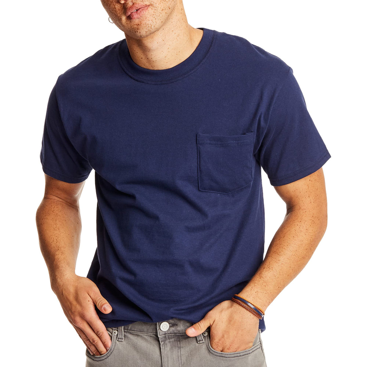 Hanes Mens Short Sleeve Beefy-T With Pocket, Navy, Large