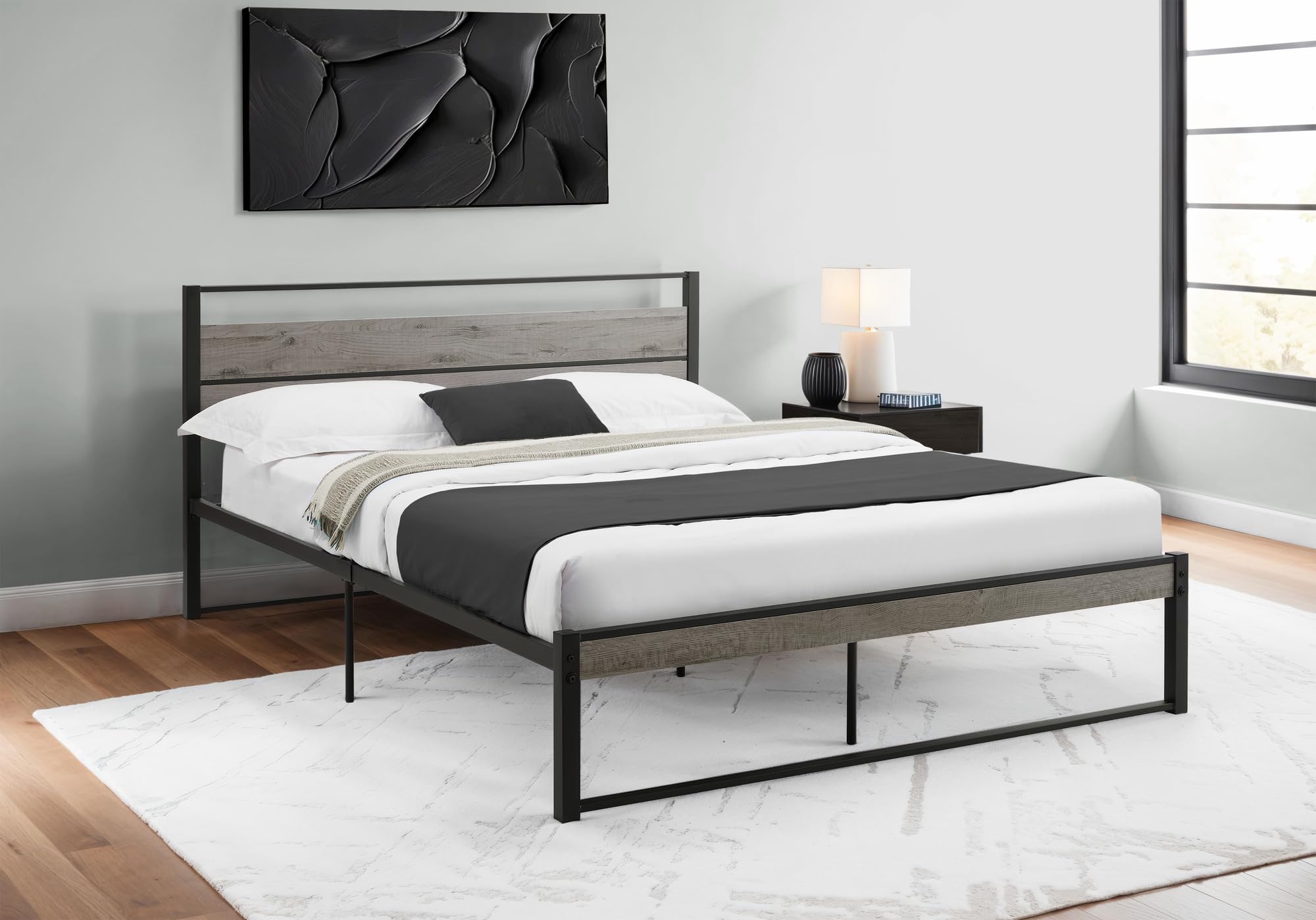Platform Bed, Bedroom, Grey Laminate, Black Metal, Contemporary