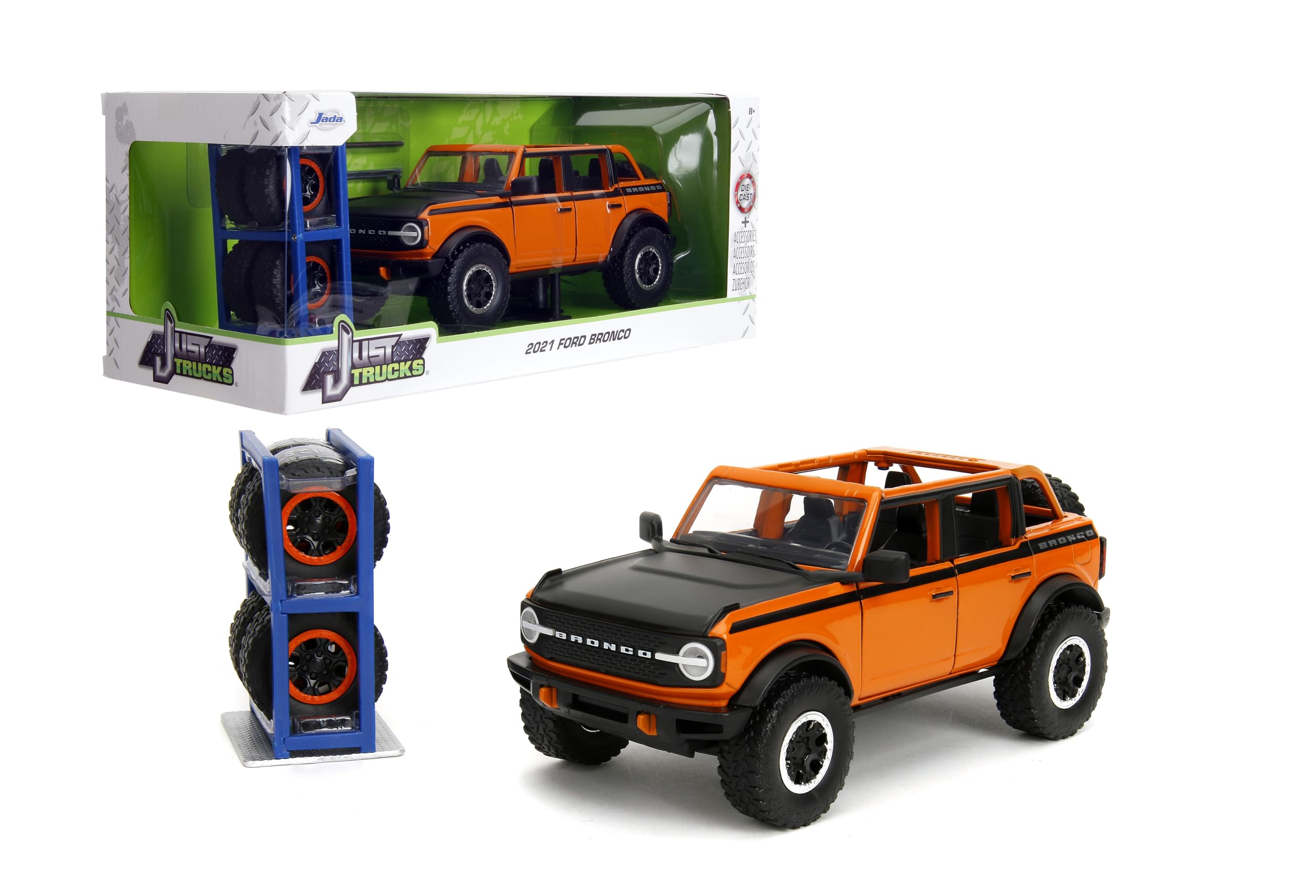 2021 Ford Bronco Open-Top Orange with Black Stripes and Hood with Extra Wheels Just Trucks Series 1/24 Diecast Model Car by Jada