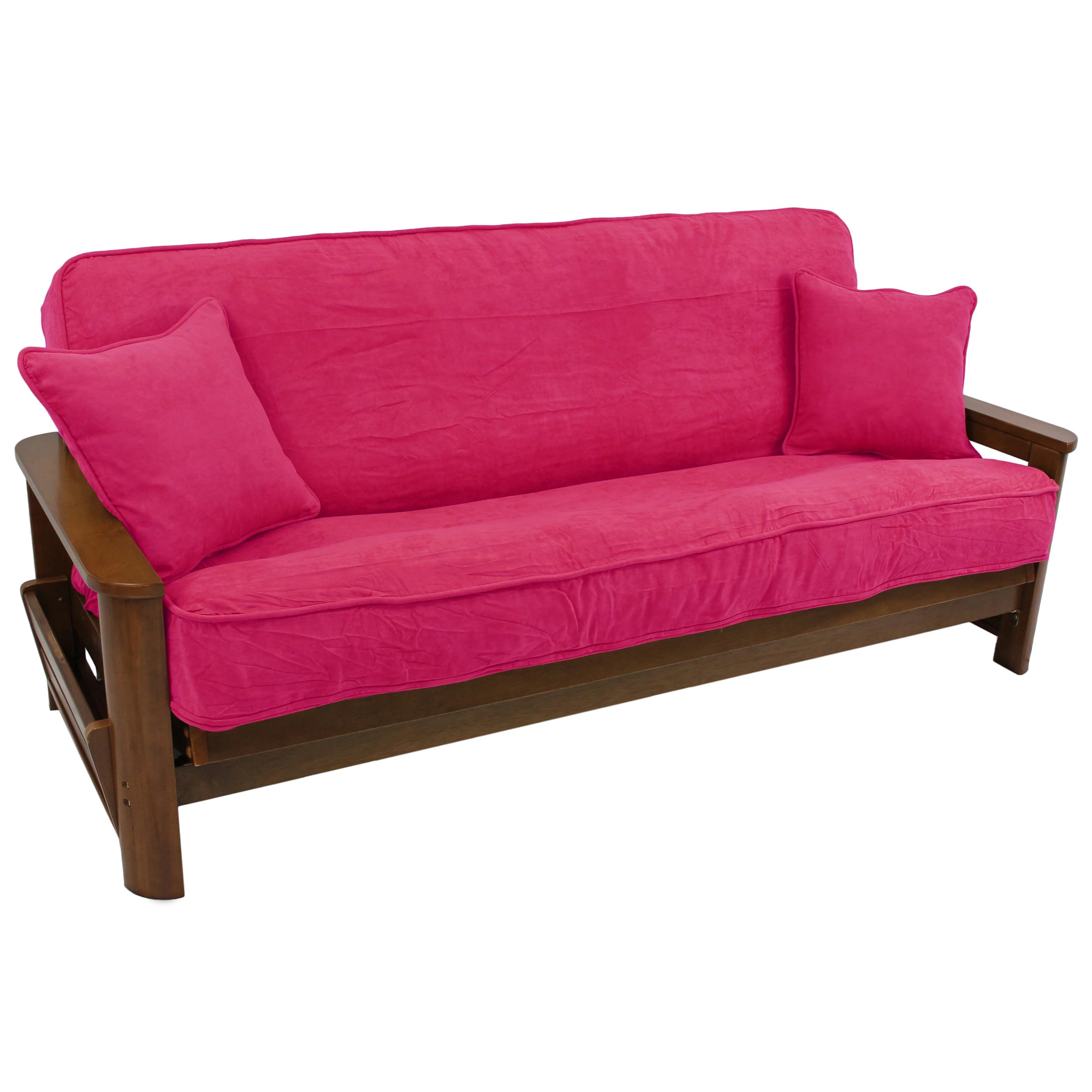 Solid Microsuede Double Corded 8 to 9-inch Full Futon Cover Set with Two 18-inch Throw Pillows (Set of 3) - Bery Berry