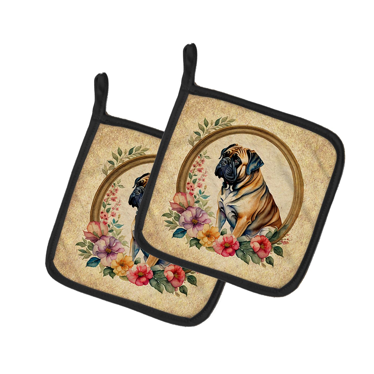 Mastiff and Flowers Pair of Pot Holders