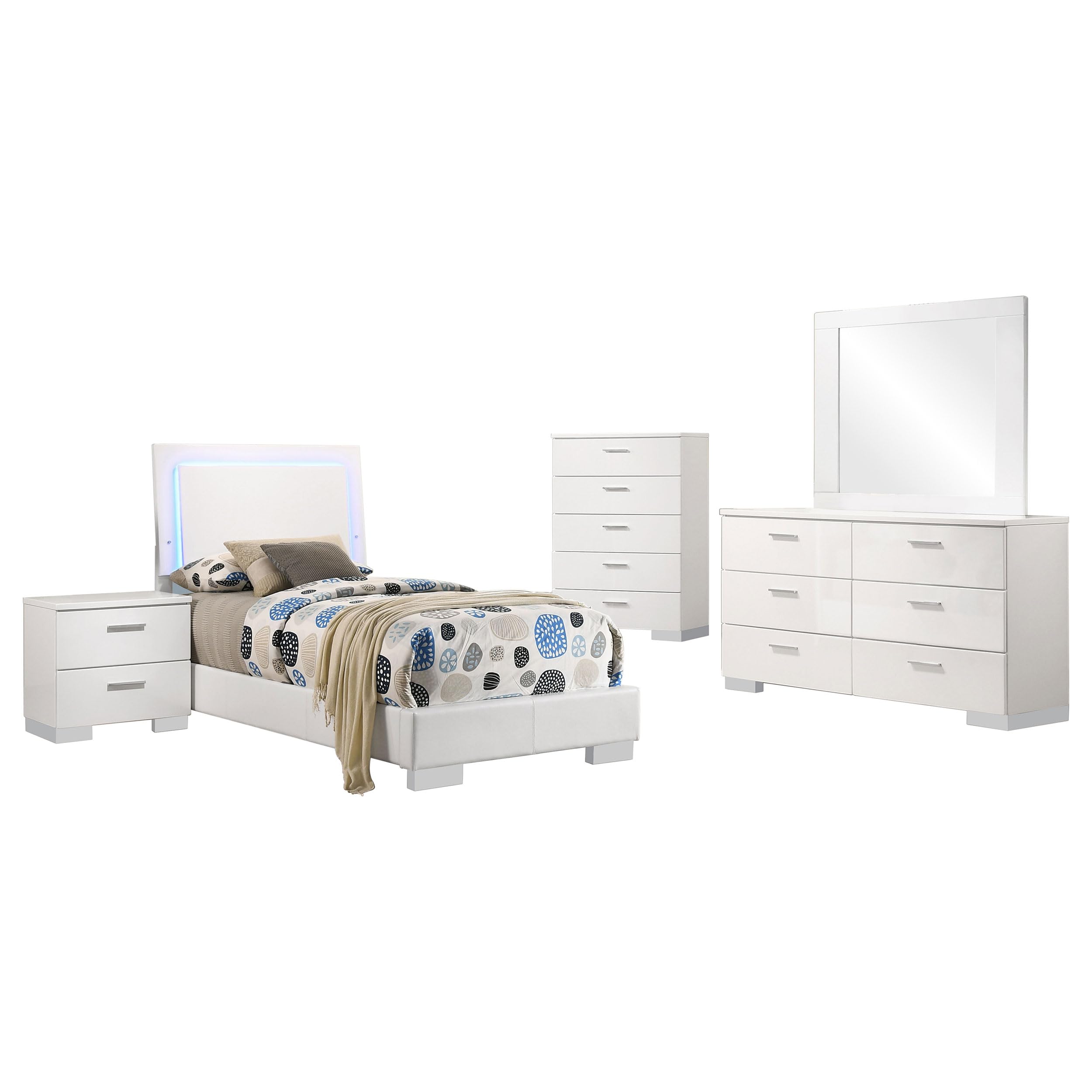 Sok 5pc Twin Bedroom Set with Blue LED Lights, White High Gloss Wood