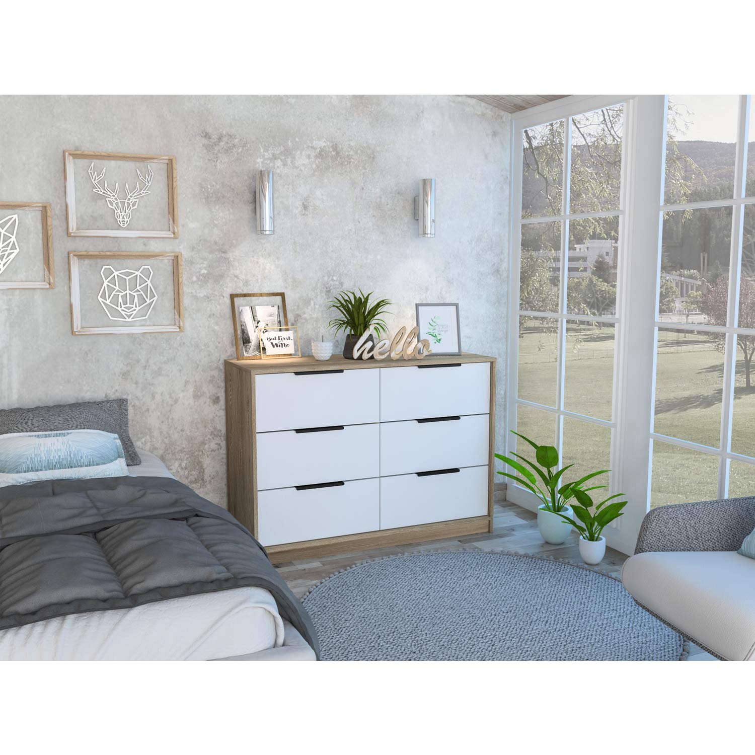 TUHOME Kaia 4 Drawers Dresser, Countertop, Four Drawer Dresser, White/Pine, For Bedroom