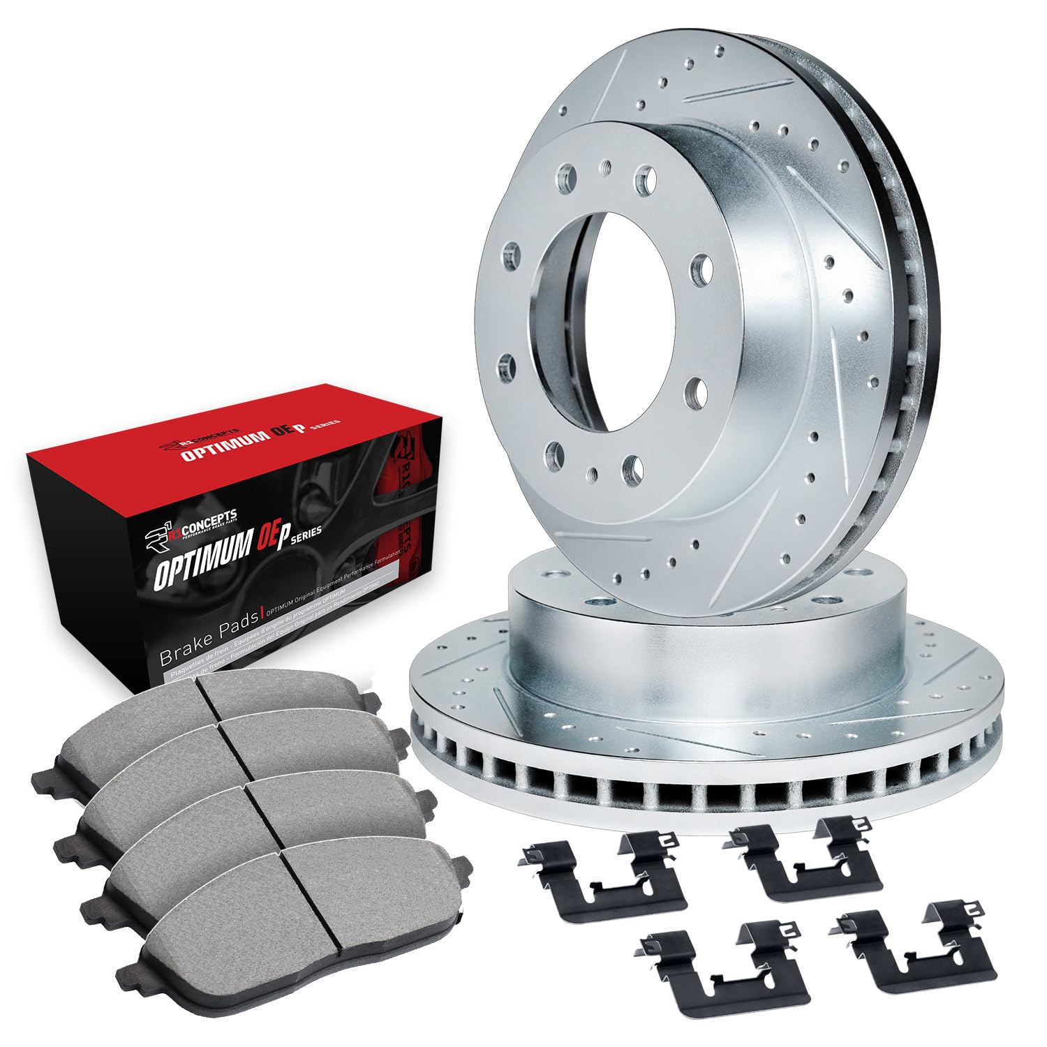 R1 Concepts Drilled and Slotted Silver Disc Brake Rotor Set with Optimum Oe Pads and Hardware WGUH1-99636