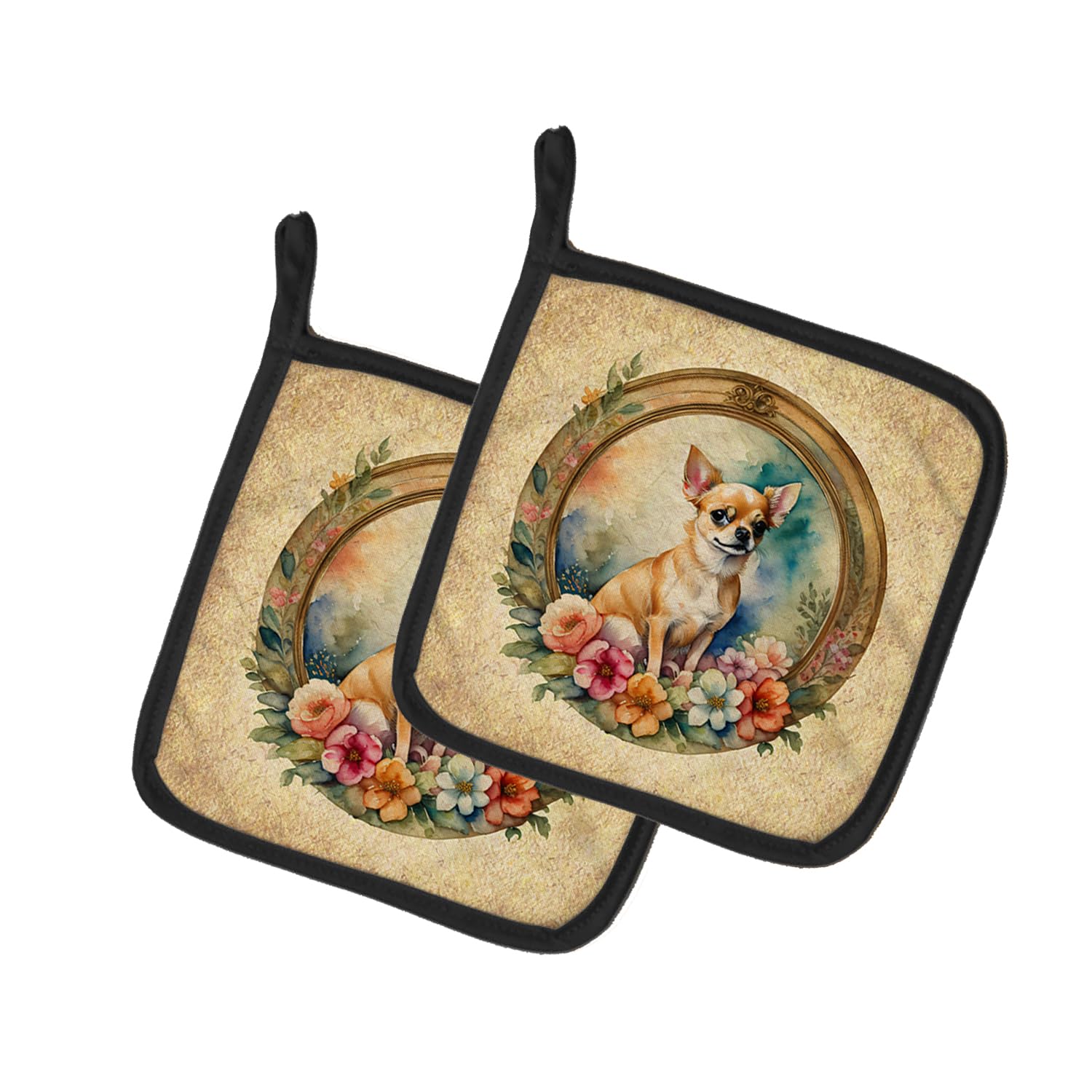 Chihuahua and Flowers Pair of Pot Holders