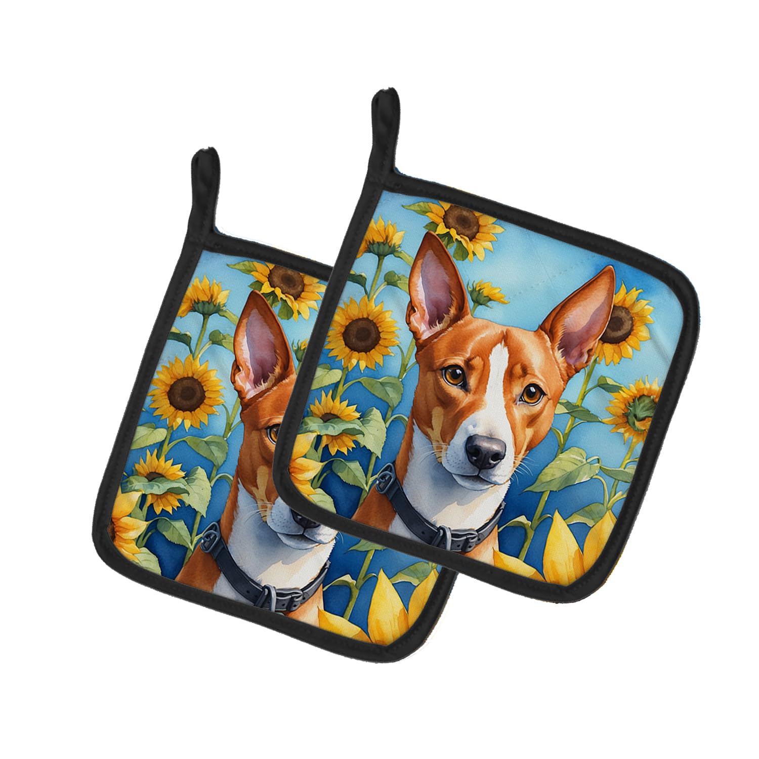 Basenji in Sunflowers Pair of Pot Holders