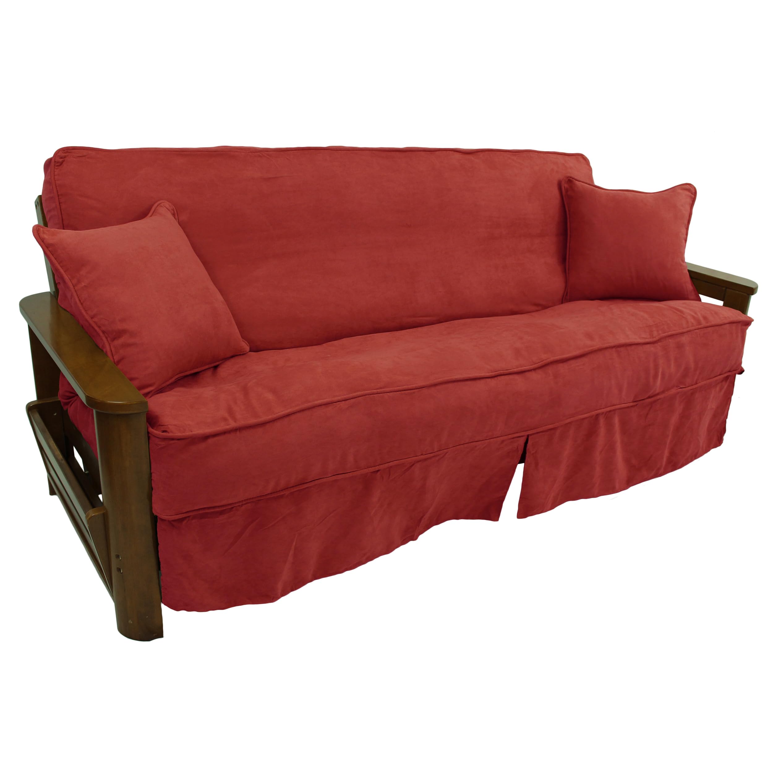 Solid Microsuede Double Corded 8 to 9-inch Full Futon Slipcover Set with Two 18-inch Throw Pillows (Set of 3) - Cardinal Red
