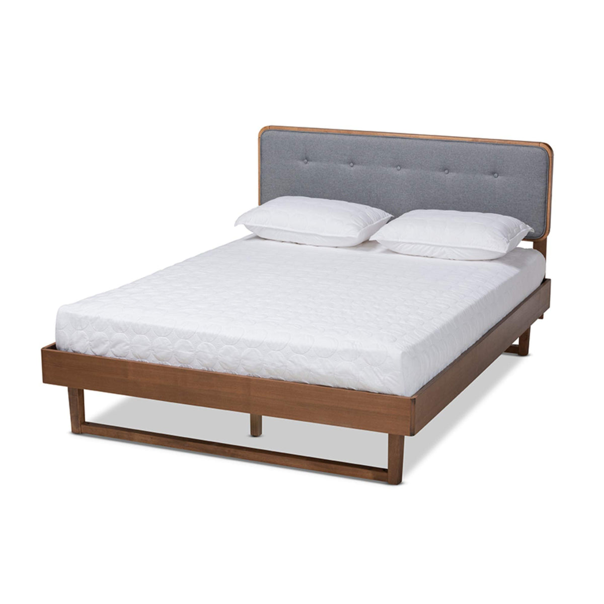 Baxton Studio Natalia Mid-Century Modern Dark Grey Fabric Upholstered And Ash Walnut Finished Wood Queen Size Platform Bed
