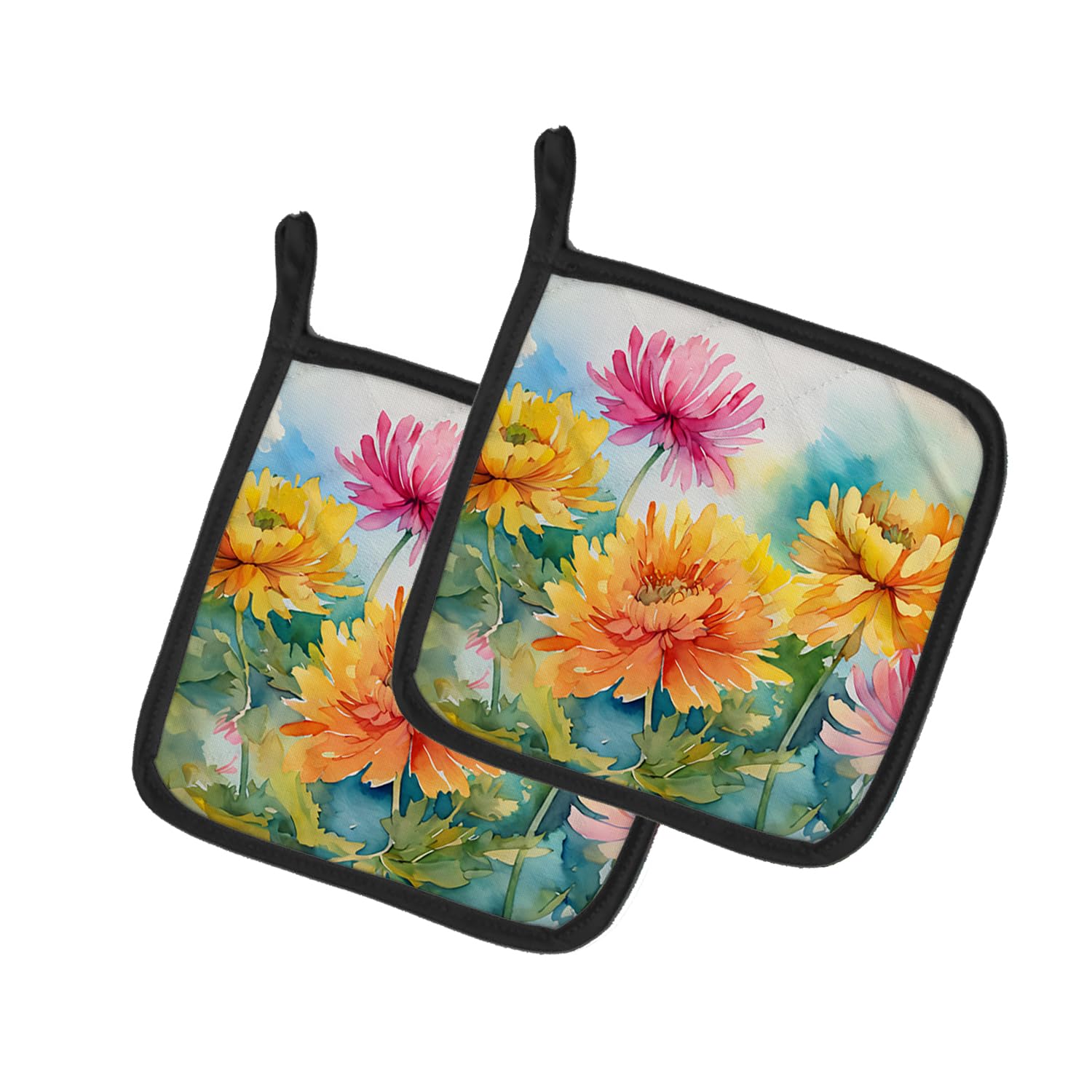 Chrysanthemums in Watercolor Pair of Pot Holders