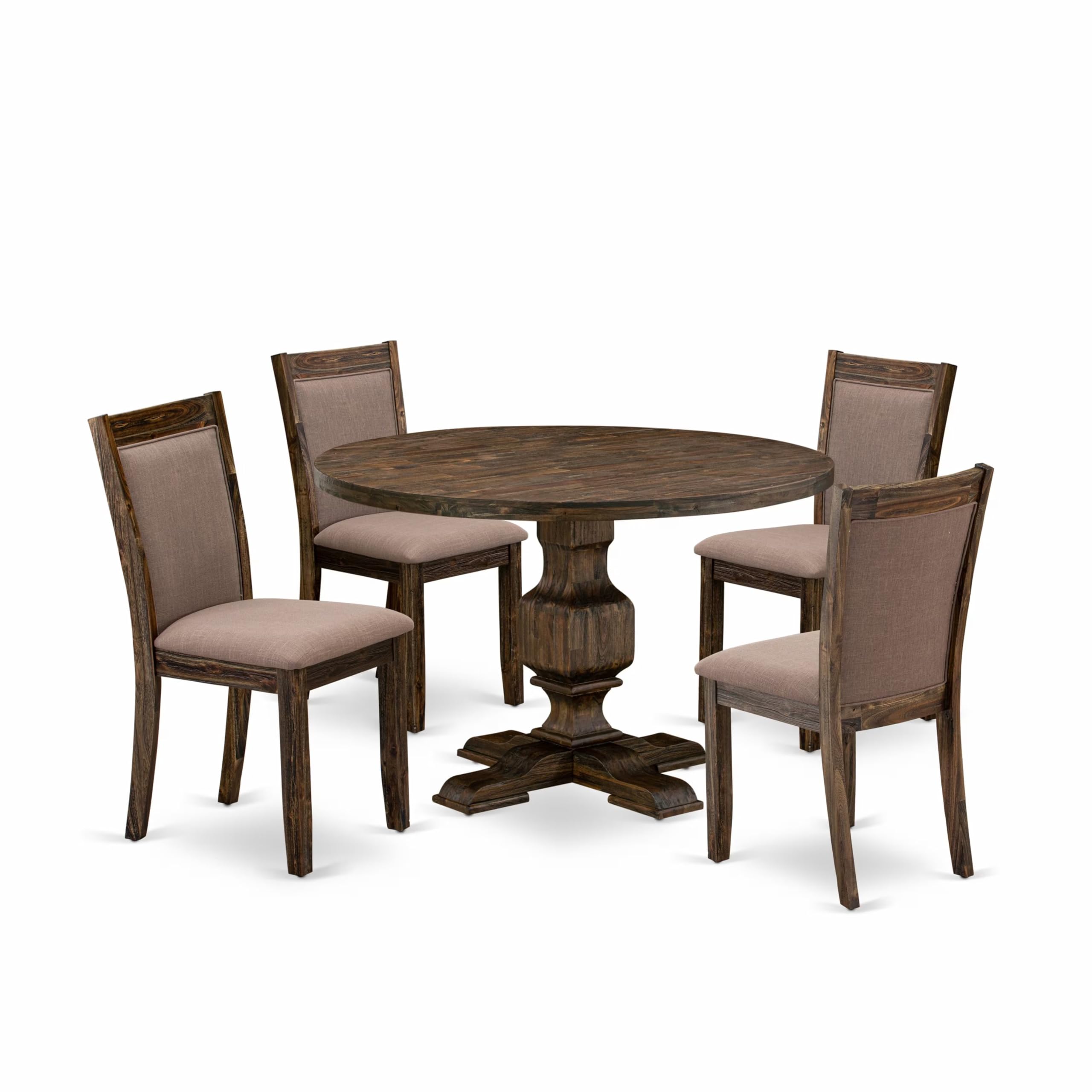 East West Furniture 5-Pc Dining Set - Round Dining Table and 4 Coffee Color Parson Wooden Chairs with High Back - Distressed Jacobean Finish