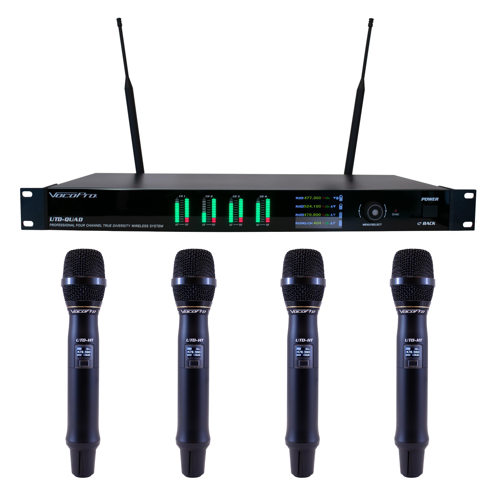 Quad True-Diversity Professional Digital Wireless PLL Microphone System with Four Handheld Microphones